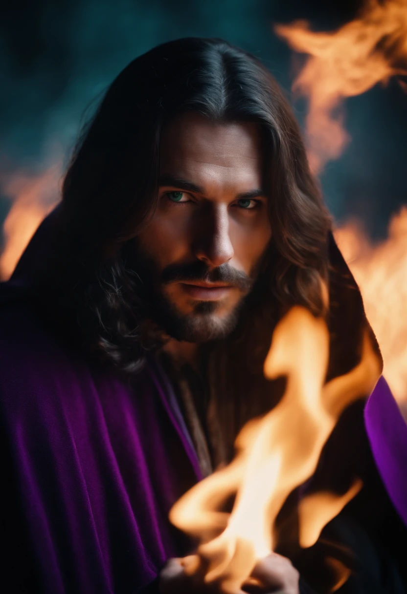 Man with long hair. magic. purple cloak. Cyan eyes. fire