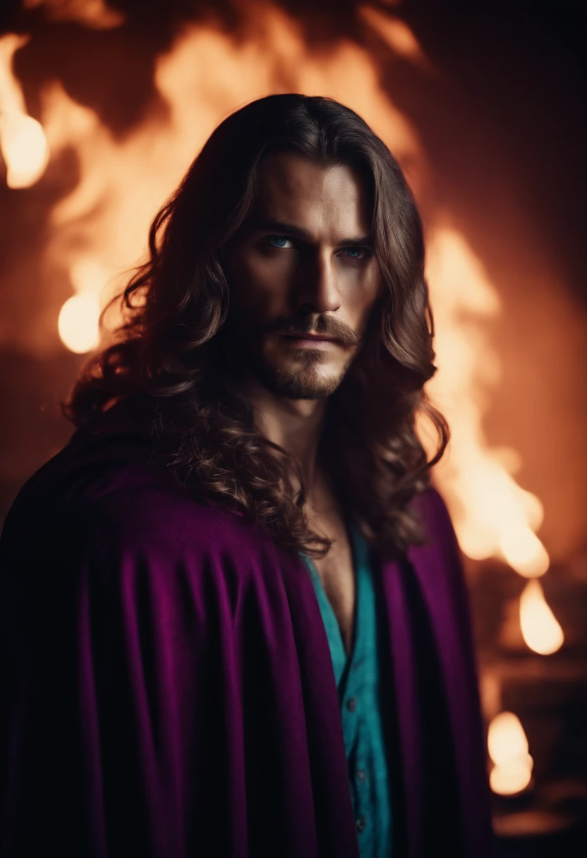 Man with long hair. magic. purple cloak. Cyan eyes. fire