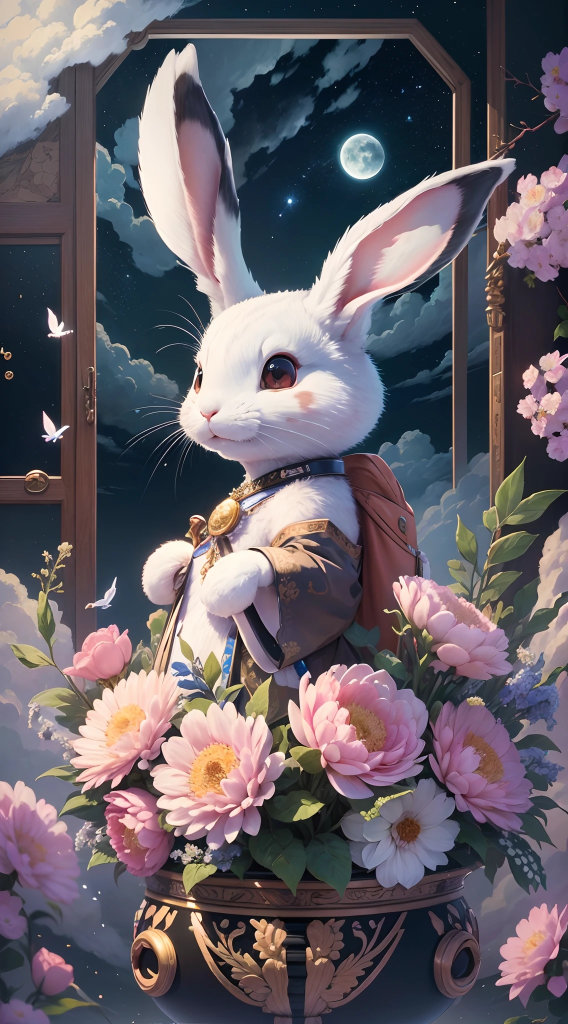 (Best quality,4K,8K,A high resolution,Masterpiece:1.2),Ultra-detailed,Yamazawa， themoon， Clouds， natta，Smart rabbit， Stand on the roof， jewely， Traditional media， fresh flowers， high high quality，