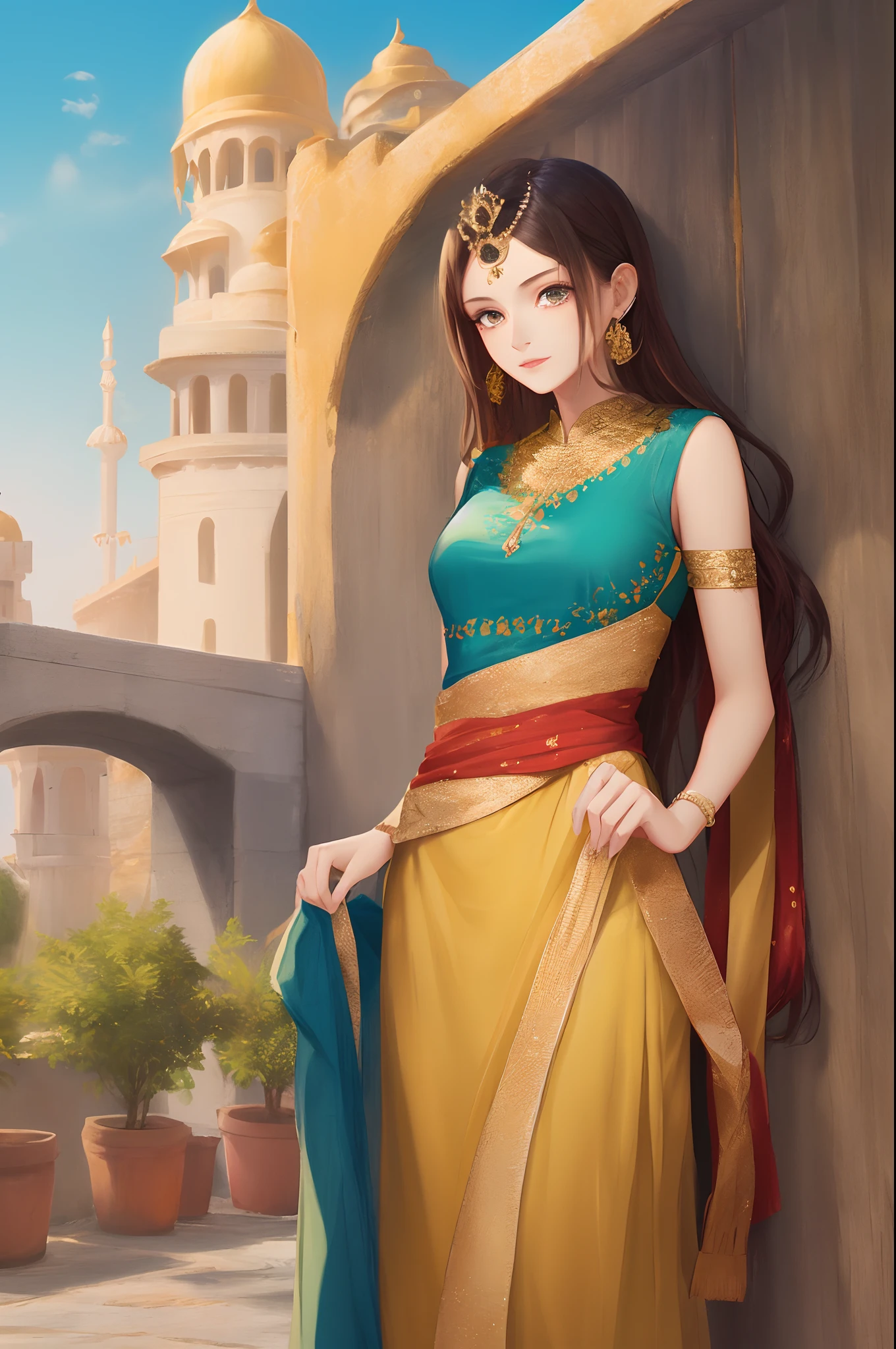 Humpback girl princess in a golden fort wearing Indian style clothes