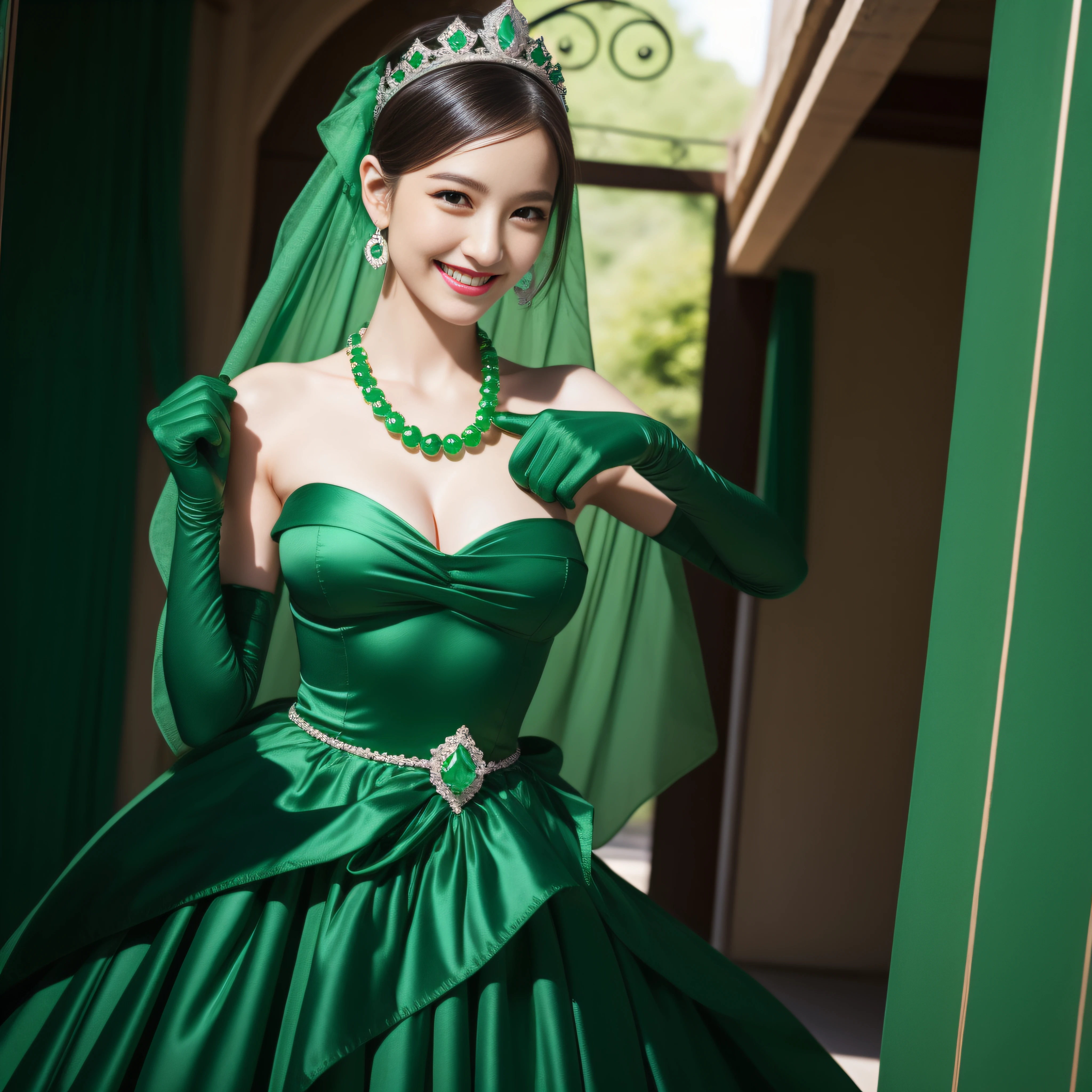 emerald tiara, Green Pearl Necklace, Boyish very short black hair, lipsticks, Japan woman smiling, very short short hair, big breasts beautiful, Green eyes, Long green gloves made of satin material, Green eyes, Emerald Earrings, Green dress