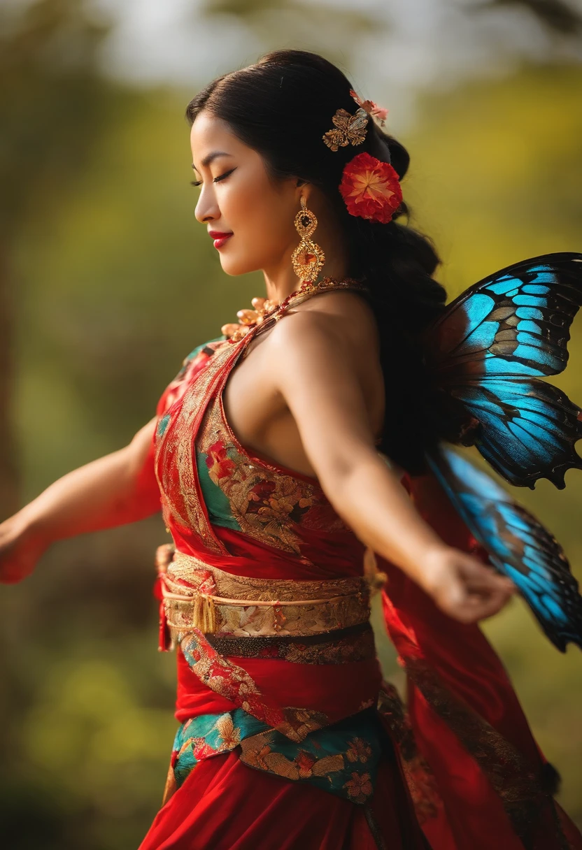 Num jardim tranquilo, An Asian woman adorned with traditional costumes performs a traditional dance, Her movements mirror the fluttering wings of the butterflies that surround her. Enquanto ela gira, ela procura por um samurai, with eyes full of determination and hope.