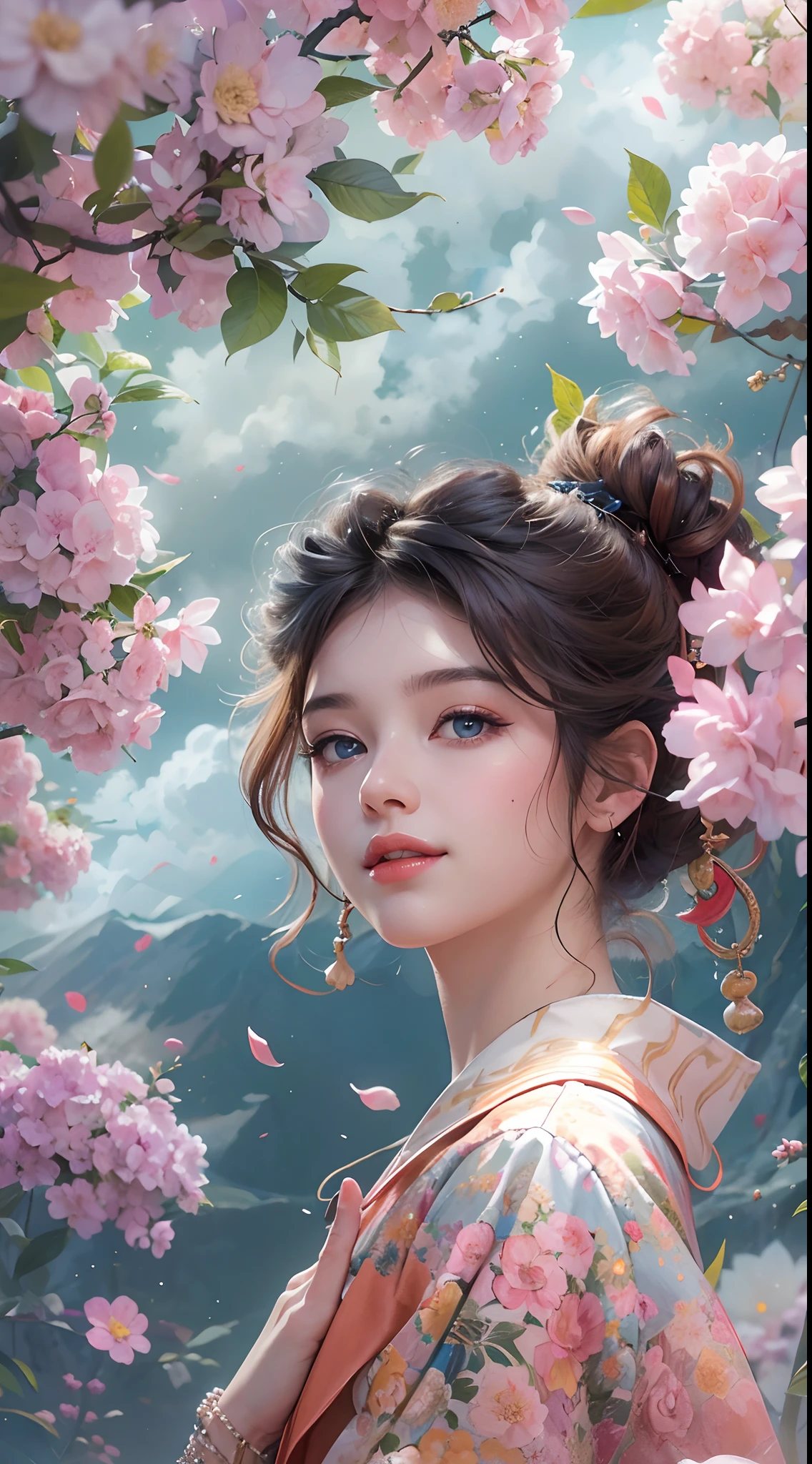 (Best quality,4K,8K,A high resolution,Masterpiece:1.2),Ultra-detailed, themoon, Clouds,natta, 1girll,ssmile、brunette color hair、updo、Red lips、Steady、intelligence, Hairpins, Hair flowers,Blue eyes,Long hair,hydrangea,Oblique bangs ,独奏, station,painting of a(curly),Traditional media, high high quality,Peach blossom background。