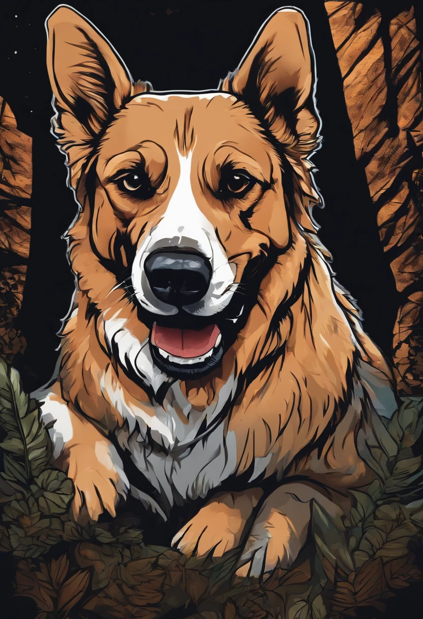 /imagine prompt: dog illustration for a sticker with a black background, in bold outline style, jagged edges, trashcore, light shading --v 5.2