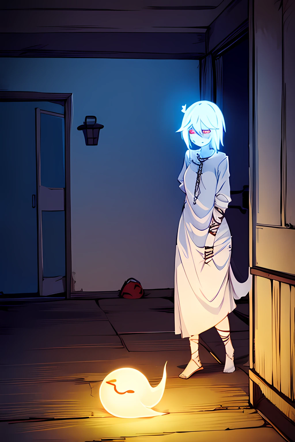 1ghost girl, white hair, glowing gold eyes, ripped clothes, abandoned house, smug, cute, stitches, tired, pure white skin, nighttime