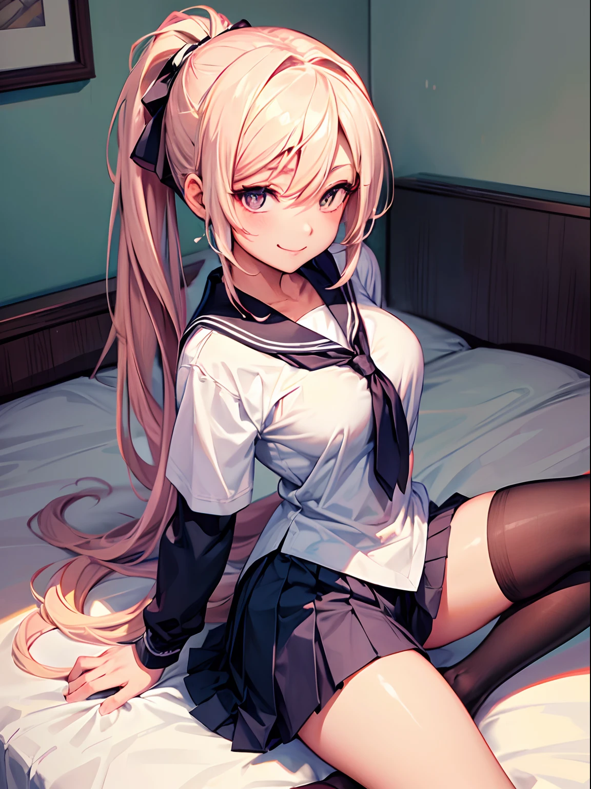 photorealisim、top-quality、超A high resolution、NSFW、Japanese high school girl、Girl in uniform on bed、M-shaped legs、She opened her legs wide、Show off your panties.、Looking at the camera、((blondehair))、((Pink Satin Panties))、Light blue shirt、Dark blue tartan plaid pleated skirt、Detailed cute and beautiful face、(pureerosface_v1:0.008)、Brown-eyed、eye liner、red blush、embarrassed from、glares、 shiny lips: 1.4, humiliated、impatience、Frightened、glares、Panty appeal、Close-up in panties:1.3、red blush、is crying、Crying、Open knees、open one's legs、Disheveled clothes、Dressing、Black High Knee Socks、Wearing sweat、sodden, Medium Long Hair,In the bedroom late at night,