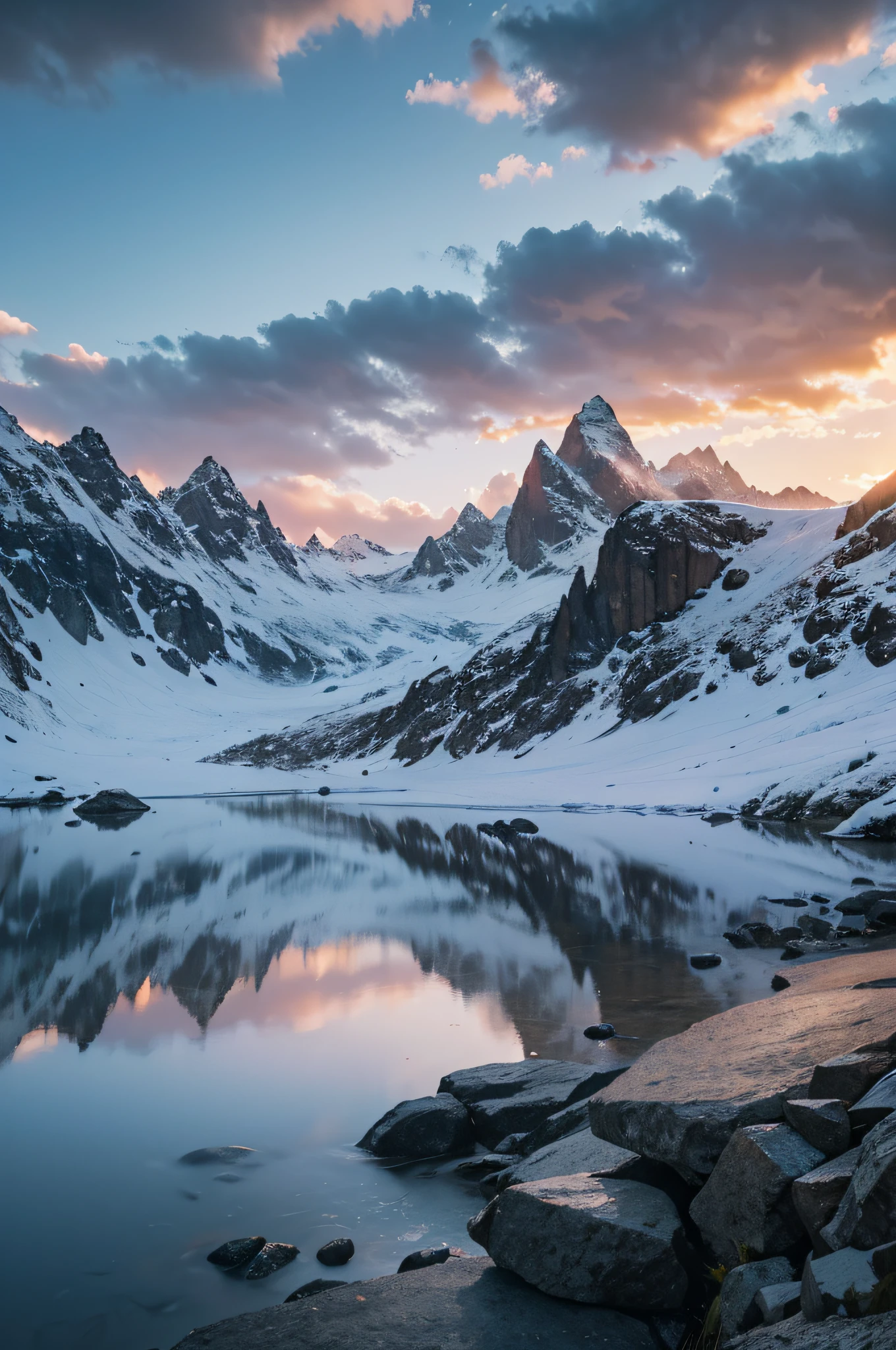 As the first light of dawn begins to break over the mountains, the landscape transforms into a breathtaking, ethereal scene. The towering peaks of these majestic mountains are bathed in soft, rosy hues as the sun peeks above the horizon, casting a warm and gentle glow upon the rugged terrain. The jagged and dramatic silhouettes of the Dolomite mountains are outlined against the gradually brightening sky, creating a stunning contrast. Wisps of low-lying morning mist linger in the valleys, giving the landscape an almost mystical quality. The snow-capped summits catch the early sunlight, glistening like diamonds in the pristine alpine air. As the sunrise progresses, the colors evolve from delicate pinks and purples to vibrant oranges and golds, illuminating the entire range with a magical radiance. The tranquility of the landscape at this moment is palpable, inviting one to pause, reflect, and soak in the serene beauty of nature at its most sublime.