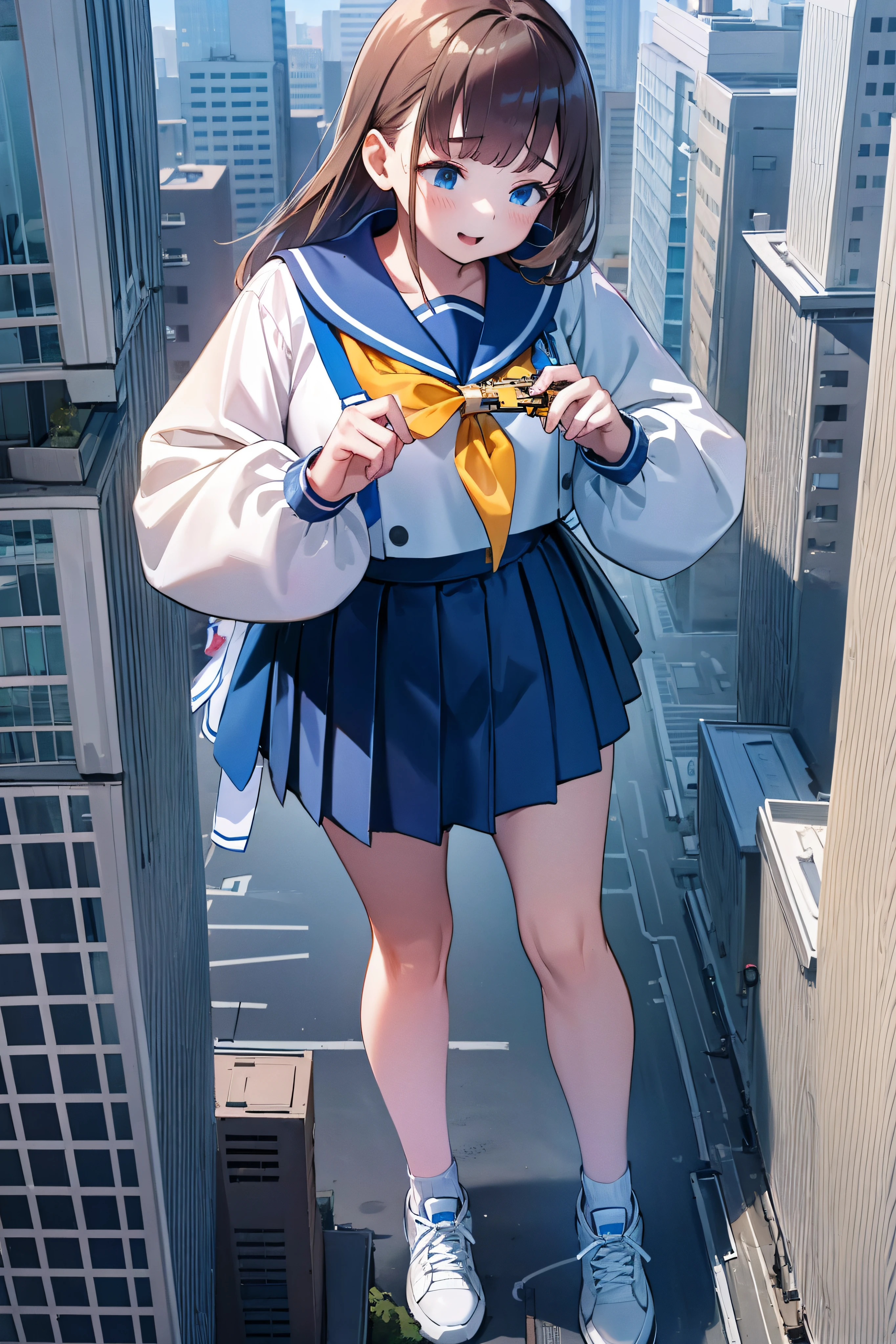 Huge age girl in sneakers,A girl taller than a building,a sailor suit,short skirt,The girl held out her hand,In the palm of your hand is a tiny model toy airplane,