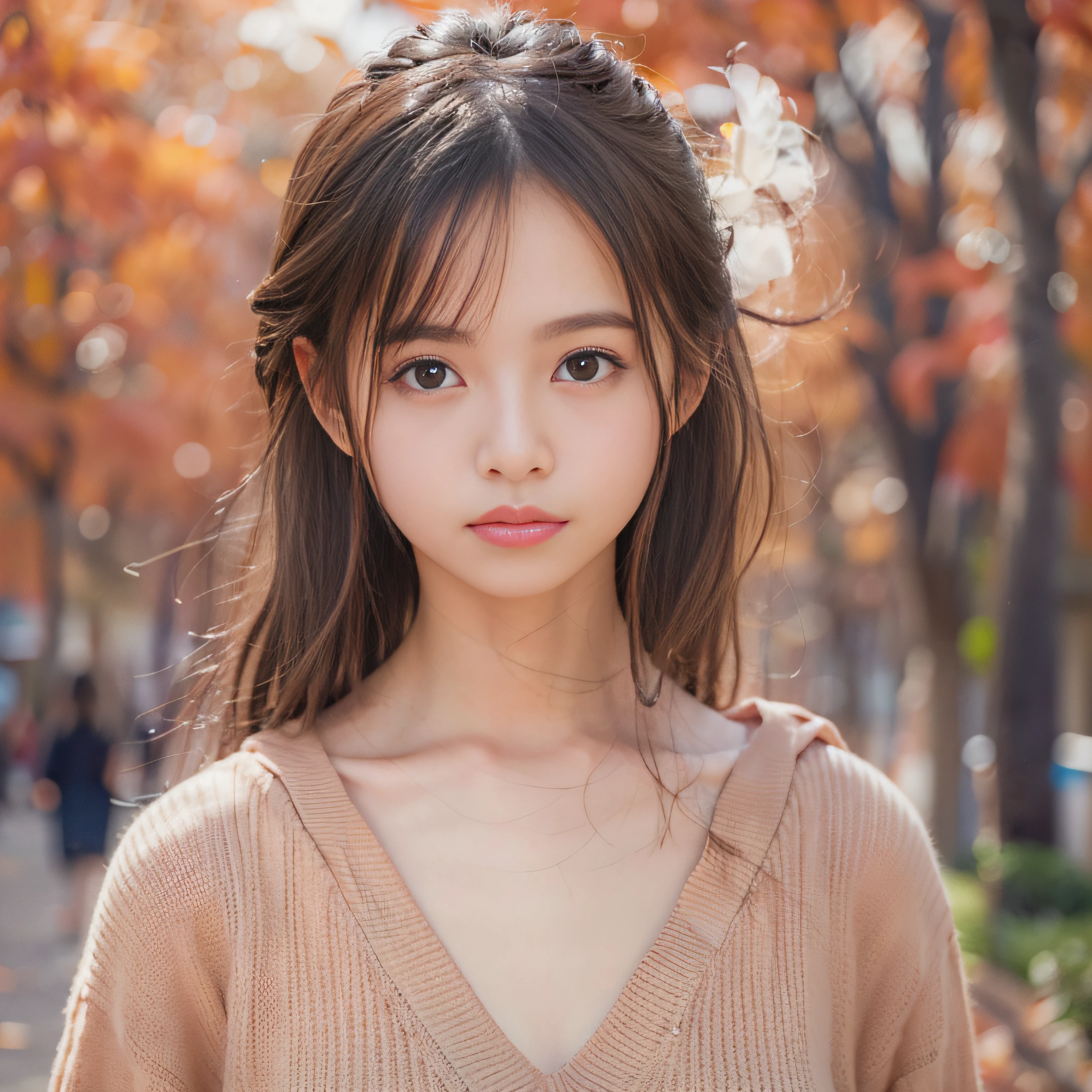 女の子1人、Autumn foliage、tree-lined street、The upper part of the body、Gingko tree、a closeup、(((fullnude)))、Long cardigan、A smile、、(8K、Raw photography、top-quality、​masterpiece:1.2)、(realisitic、photoRealstic:1.37)、Highly detailed eyelash drawing、(((Top image quality))),Colossal tits、Fine skin, (Beautiful hair), (Perfect Anatomy), (Realistic), (Dynamic Angle), Pose Seductive,Perfect,Sensual look、top-quality、hight resolution、