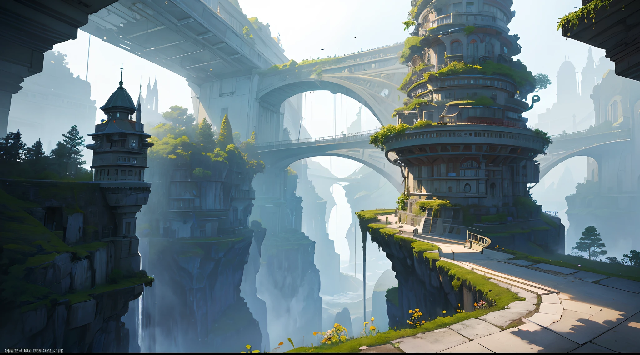 multicolor, surreal, masterpiece, countryside, Futuristic design of an awesome sunny day environment concept art on a futuristic forest terrain with huge waterfalls, streams, orchids, landscaped, aesthetics, nature architecture, proportional, detailed, blueprint, bright clouds, nature meets futuristic architecture by Santiago Calatrava and Vincent Callebaut with Wes Anderson village, residential area, futuristic development, high rise made up staircases, balconies, full of composite glass facades, residential spaces carved from cliff side ,trending on artstation, beautiful lighting,In the style of Andreas Achenbach and Norman Ackroyd masterpiece, fantasy, intricate, award winning, 4k, highest quality