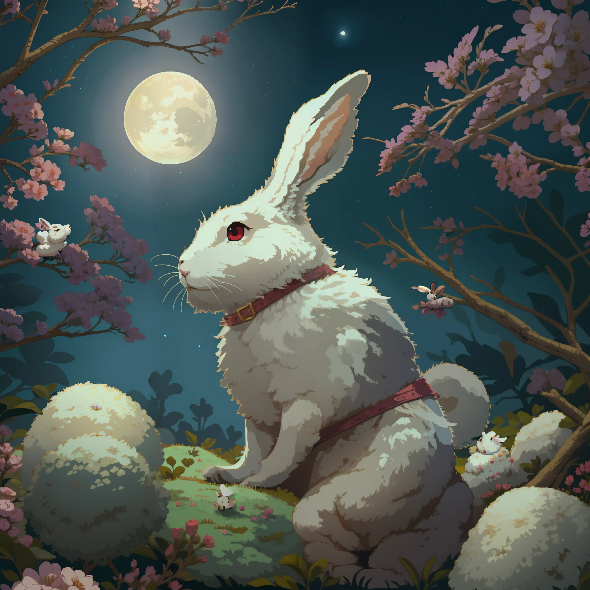 white rabbit looking up at full moon，Diagonal composition