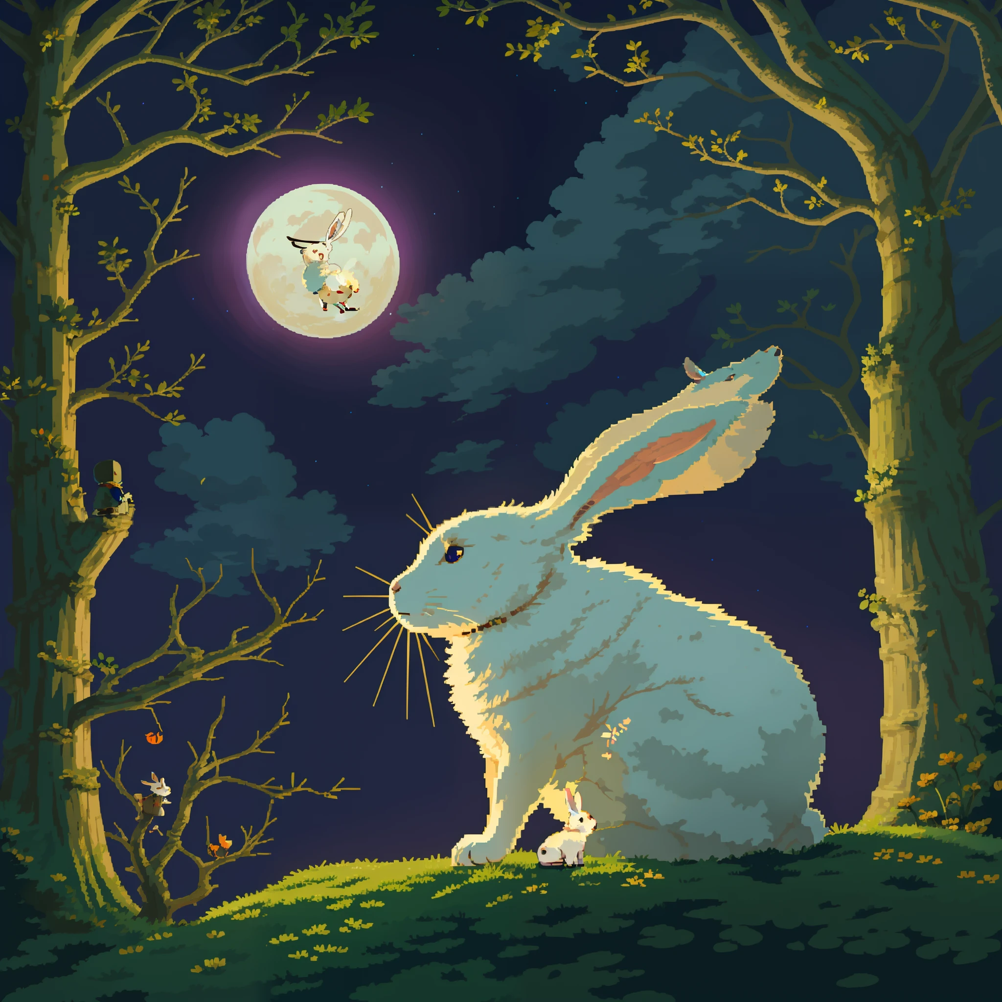 white rabbit looking up at full moon,Diagonal composition