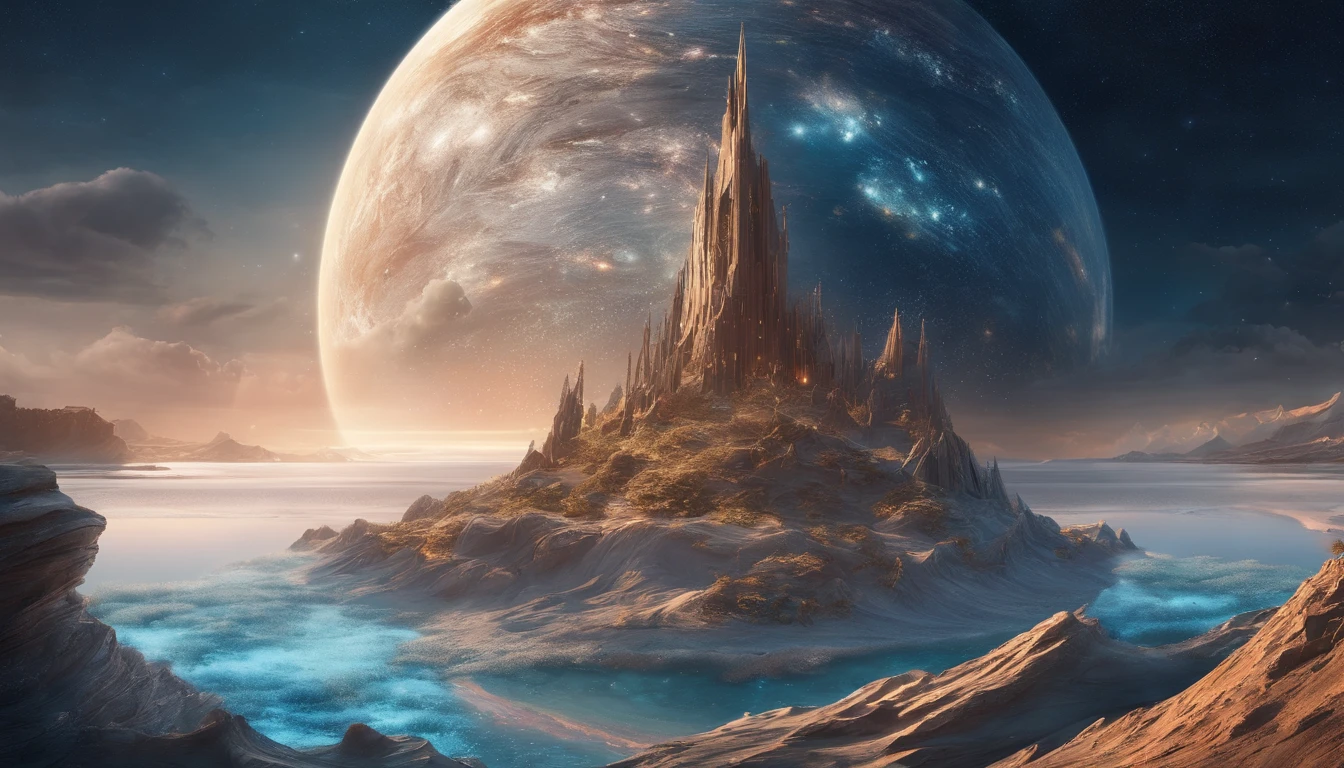 huge planet, the night, starrysky, surrealism, masutepiece, hight resolution、Impressive Milky Way:1.9、sand beach、Vast blue ocean、Blue glacier、lightning bolt:1.9、Protoplanets