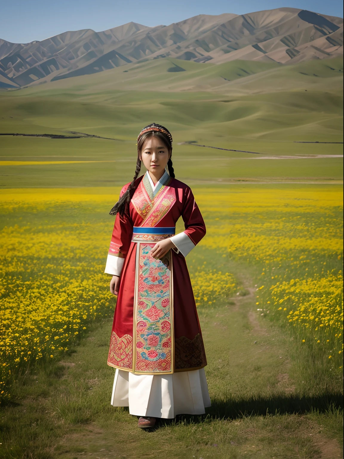 Masterpiece, hd, 1girl, 20 y.o, Korean girl, wear mongolian traditional dress, upper body, standing, meadow background, mongolia