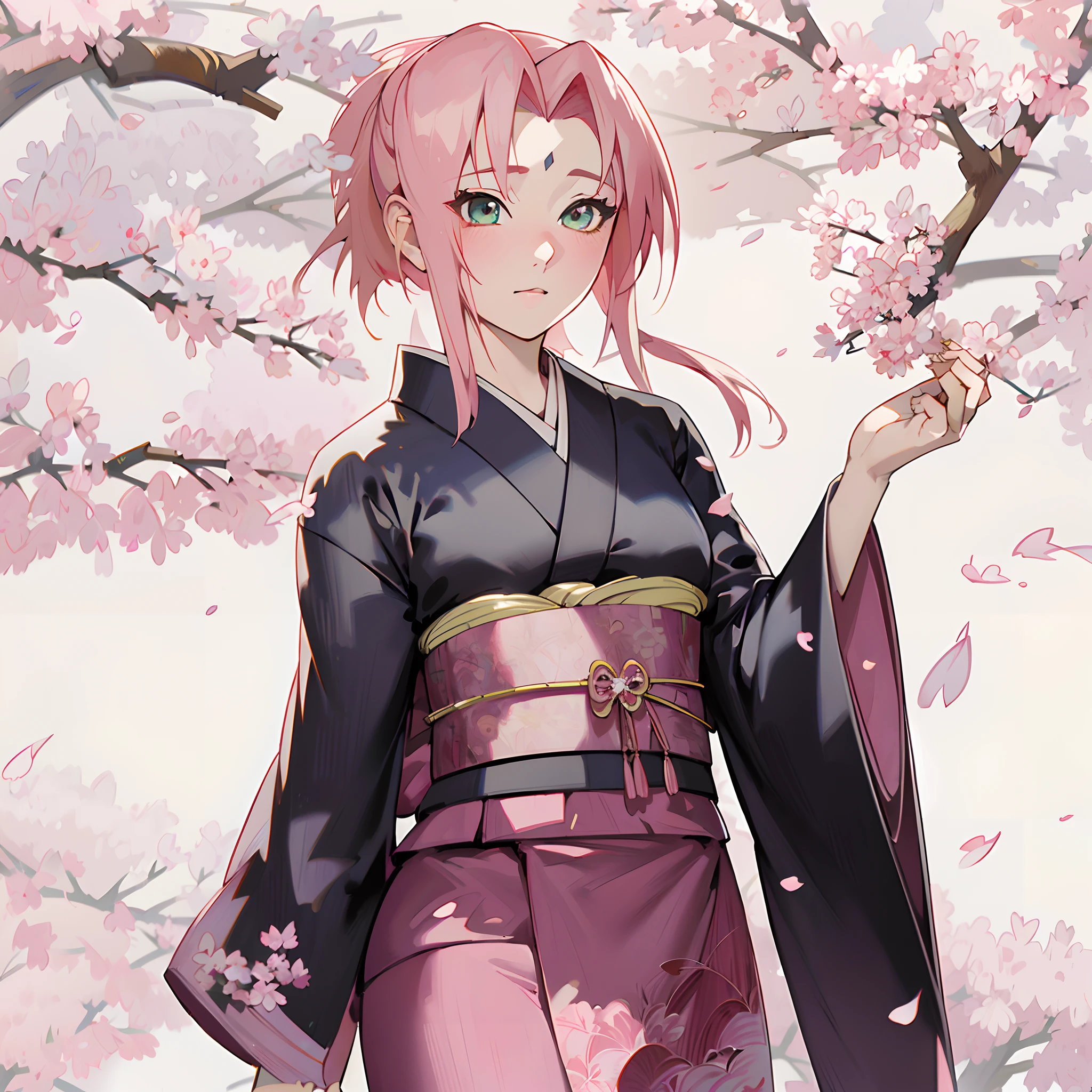 haruno sakura, 1girl, kimono, standing, sakura tree, looking at viewer, beautiful face, ((masterpiece)), (extremely detailed CG unity 8k wallpaper), best quality, cinematic lighting, detailed background, beautiful detailed eyes, bright pupils, (an extremely delicate and beautiful), (Beautiful and detailed eye description), ultra-detailed