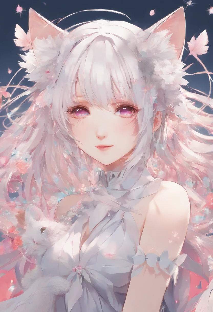 Anime girl with a pair of cat ears, There are soft white villi on the inside of the ear, Her eyes widened,inquisitive, She was happy to see me, Beautiful eyes, White hair, Pink eyes, good art, Good painting, Anime 2D, 2D, Cute, 2 hands and 5 fingers per hand, Beautiful hands, Well drawn, 4K, 8K,