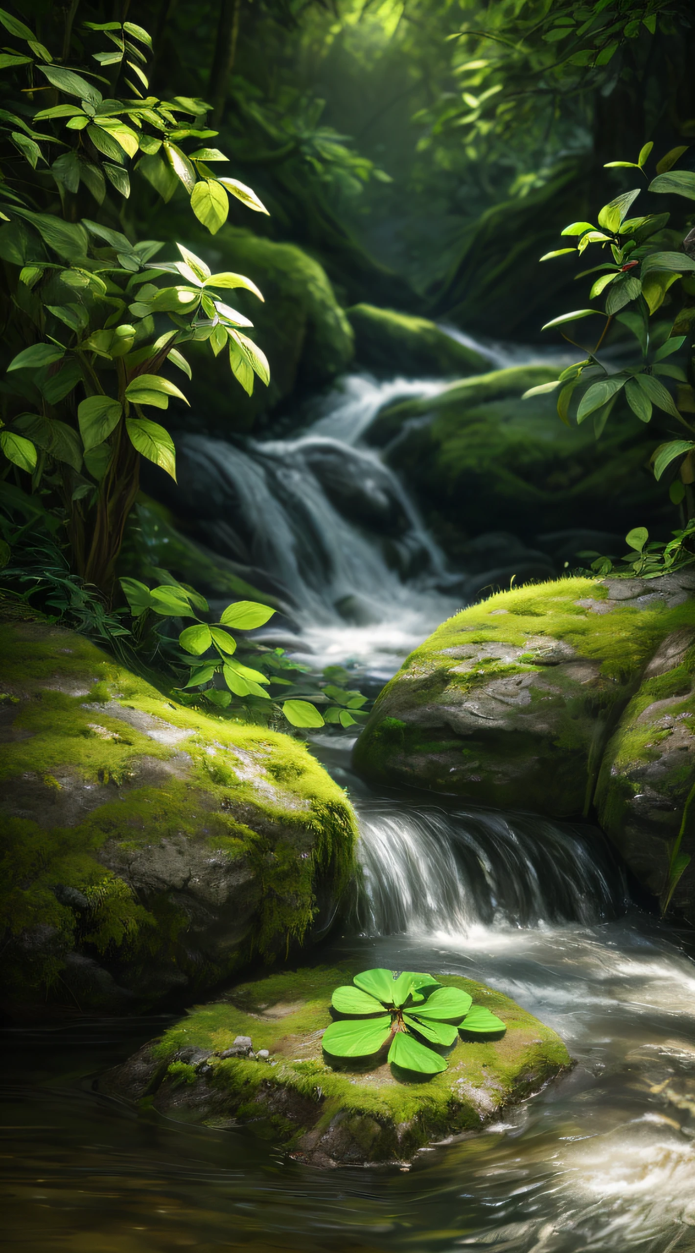 vague background,small stream,ln the forest,four-leaf clover,(Best quality,4K,8K,A high resolution,Masterpiece:1.2),Ultra-detailed,(Realistic,Photorealistic,photo-realistic:1.37),Soft lighting,