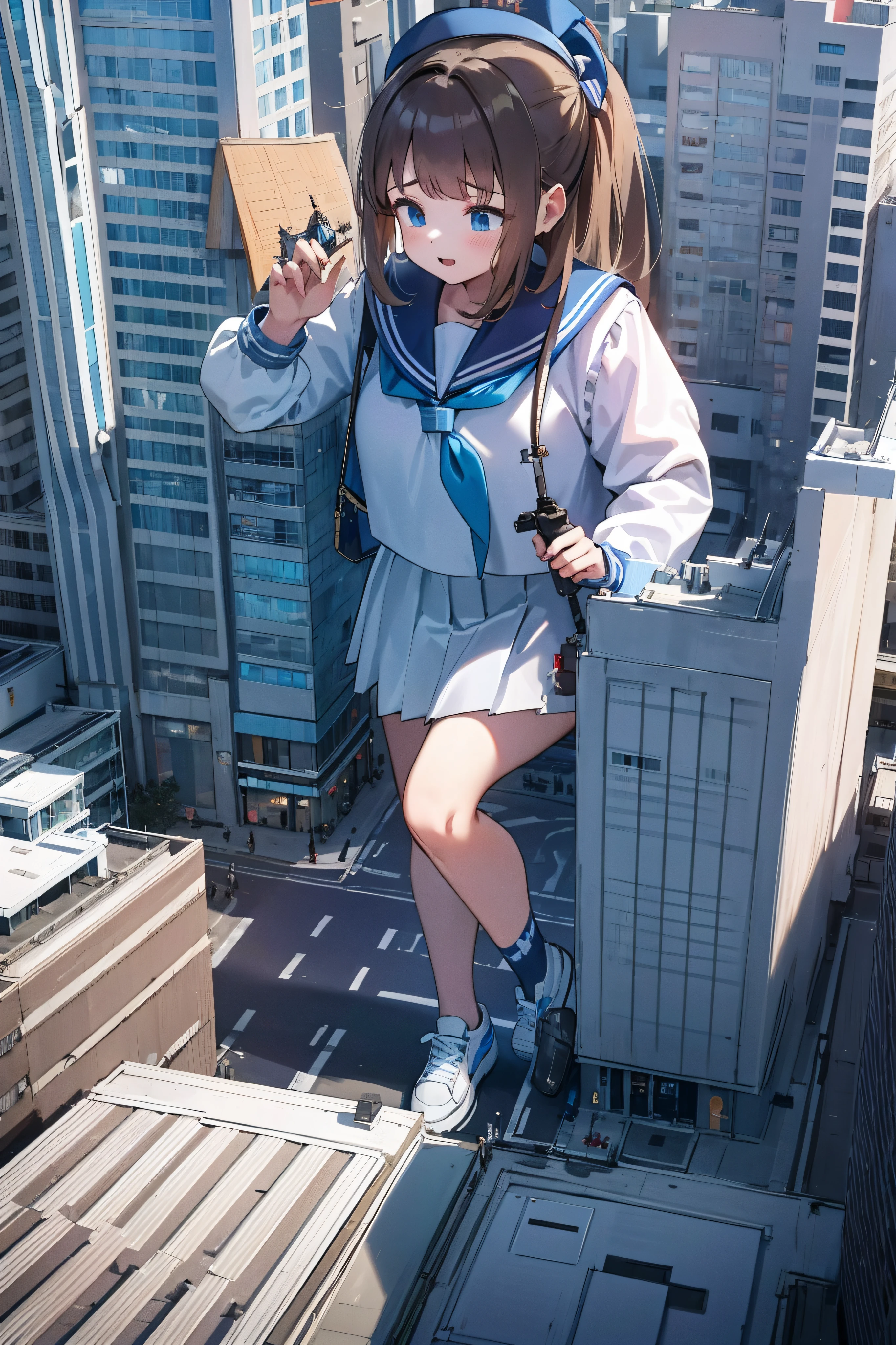 Huge maiden in sneakers，A girl taller than a building，a sailor suit，short  skirt,Crouch girl，Train miniature toy in hand