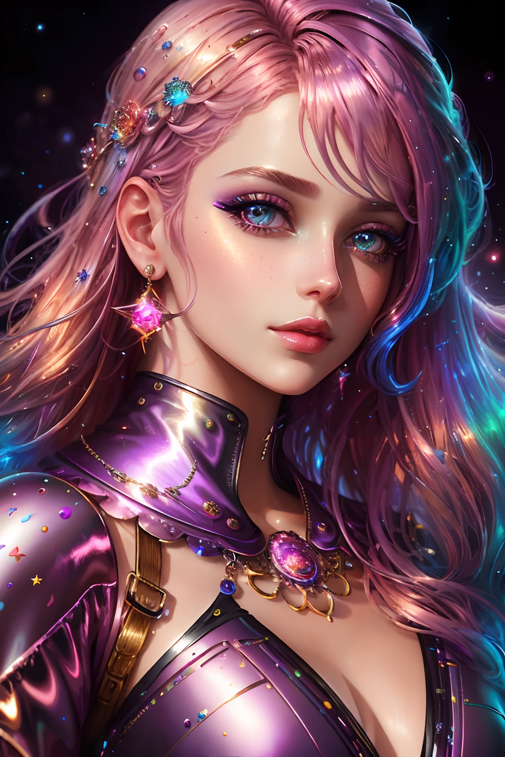 a close up of a woman with colorful hair, dreamy girl, shiny metallic clothes, 4k highly detailed digital art, stunning digital illustration, 8k stunning artwork, colorfull digital fantasy art, colorful and dark, beautiful digital artwork, colorful digital painting, glowwave girl portrait, 8k hd wallpaper digital art, gorgeous digital painting