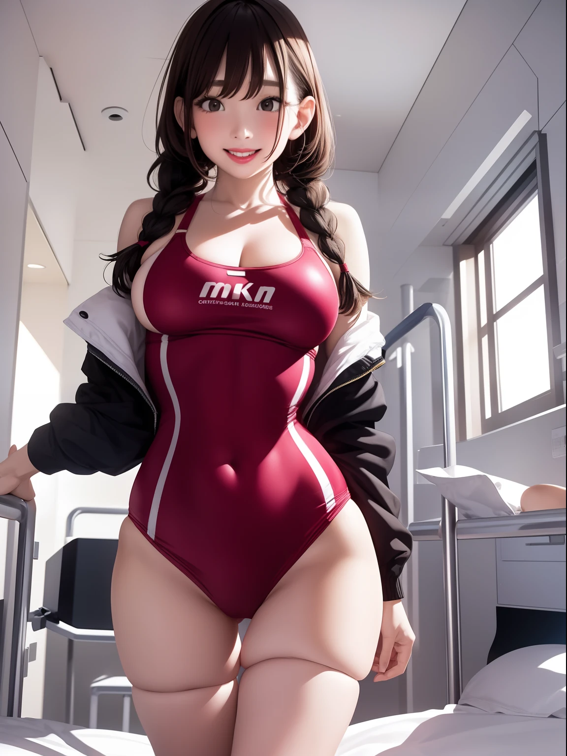 Spread legs、m-legs,Whole body、competition swim suit, onepiece swimsuit, Latex,Braids、red lipsticks、a miniskirt、Full smile、Lift the hem of the skirt、Hospital bed,irrumatio,