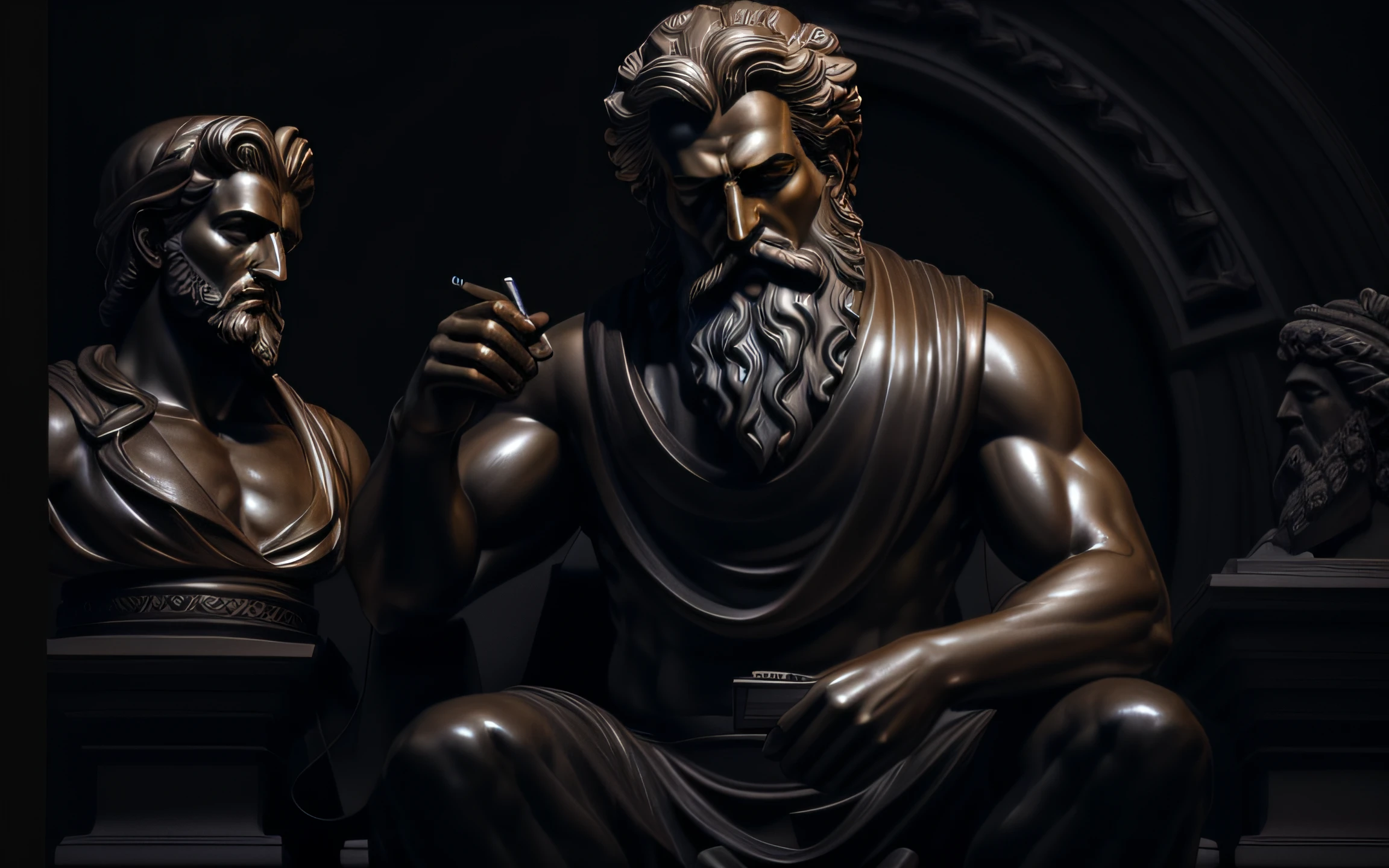 arafed man sitting on a bench with a cigarette in his hand, realistic 8k bernini sculpture, godlike and stoic, father time, classical statue, the god zeus, furious god zeus, bronze statue and silver, portrait of rugged zeus, highly detailed sculpture, philosopher, statue of zeus, classical sculpture, portrait of zeus, an ancient greek statue