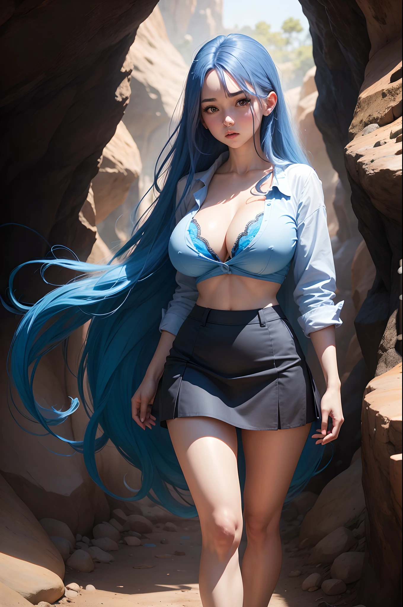 Art girl with big beautiful breasts with long blue hair standing in a cave, Scared, In a short skirt, shirt unbuttoned, You can see the bra,