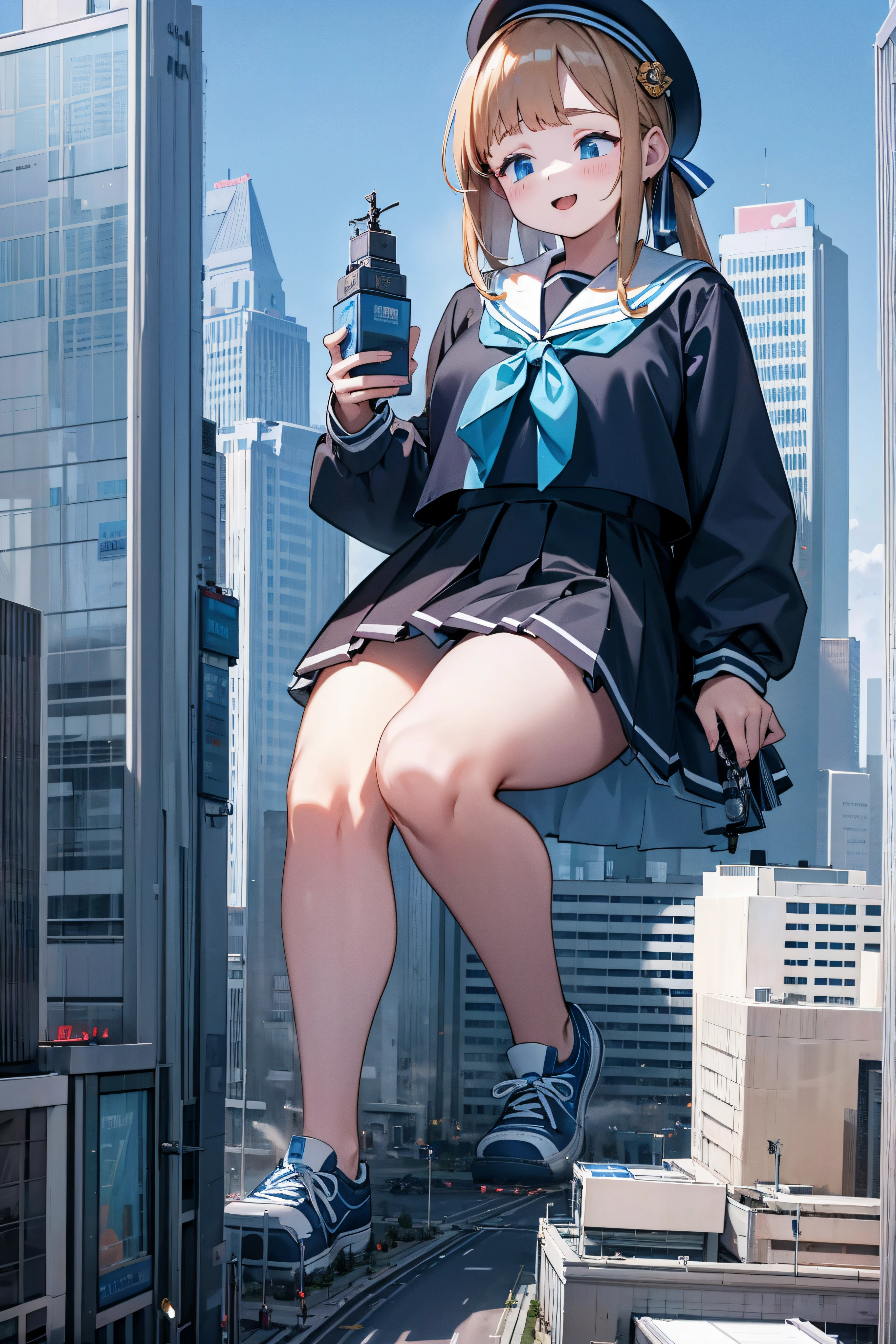 Huge maiden in sneakers，A girl taller than a building，a sailor suit，short  skirt,Crouch girl，Train miniature toy in hand