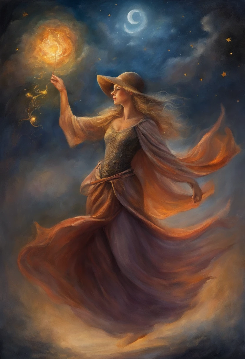 masterpiece, best quality, ultra-detailed, illustration, 1girl, solo, fantasy, flying, broom, night sky, outdoors, magic, spells, moon, stars, clouds, wind, hair, cape, hat, boots, broomstick, glowing, mysterious, enchanting, whimsical, playful, adventurous, freedom, wonder, imagination, determination, skill, speed, movement, energy, realism, naturalistic, figurative, representational, beauty, fantasy culture, mythology, fairy tales, folklore, legends, witches, wizards, magical creatures, fantasy worlds, composition, scale, foreground, middle ground, background, perspective, light, color, texture, detail, beauty, wonder.