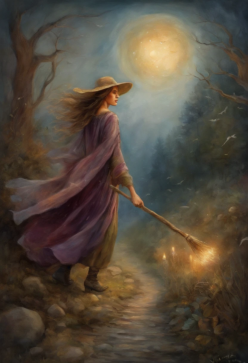 masterpiece, best quality, ultra-detailed, illustration, 1girl, solo, fantasy, flying, broom, night sky, outdoors, magic, spells, moon, stars, clouds, wind, hair, cape, hat, boots, broomstick, glowing, mysterious, enchanting, whimsical, playful, adventurous, freedom, wonder, imagination, determination, skill, speed, movement, energy, realism, naturalistic, figurative, representational, beauty, fantasy culture, mythology, fairy tales, folklore, legends, witches, wizards, magical creatures, fantasy worlds, composition, scale, foreground, middle ground, background, perspective, light, color, texture, detail, beauty, wonder.