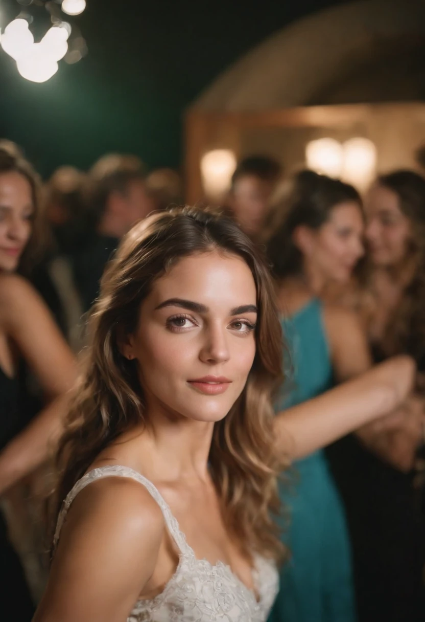 Kodak disposable camera photo of a beautiful female, sorrindo sugestivamente, Dancing at a party.
