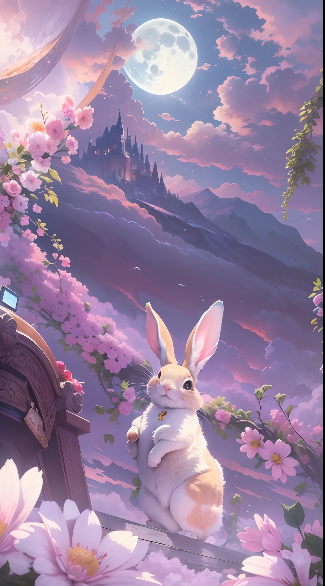 (Best quality,4K,8K,A high resolution,Masterpiece:1.2),Ultra-detailed,Yamazawa, themoon, Clouds, natta,Smart rabbit, station, jewely, Traditional media, fresh flowers, high high quality,