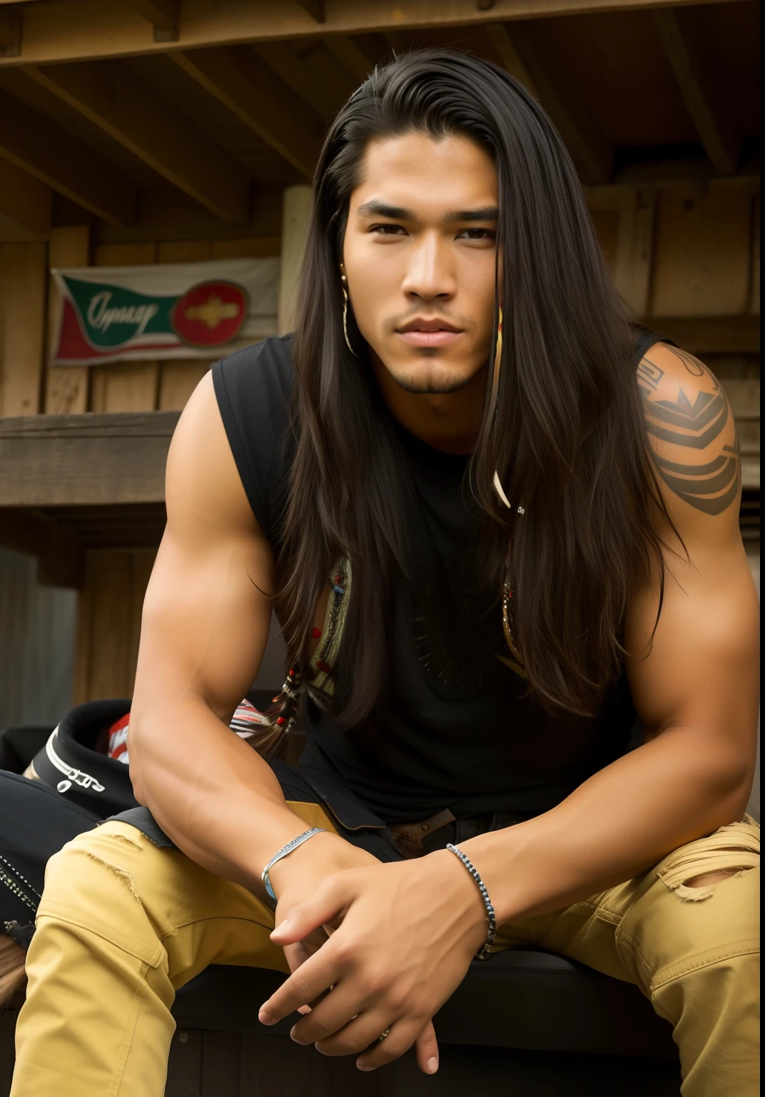 homem jovem indigena com cabelo comprido sentado em um banco em uma garagem, Indigenous characteristics, inspirado em Jorge Jacinto, Tattooed indigenous boy with his long black hair, com longos cabelos escuros, rapaz jovem com cabelo longo, com cabelos longos, longos cabelos escuros, com cabelos longos e olhos penetrantes, com longos cabelos pretos, Beautiful indigenous male, Booboo Stewart 8k