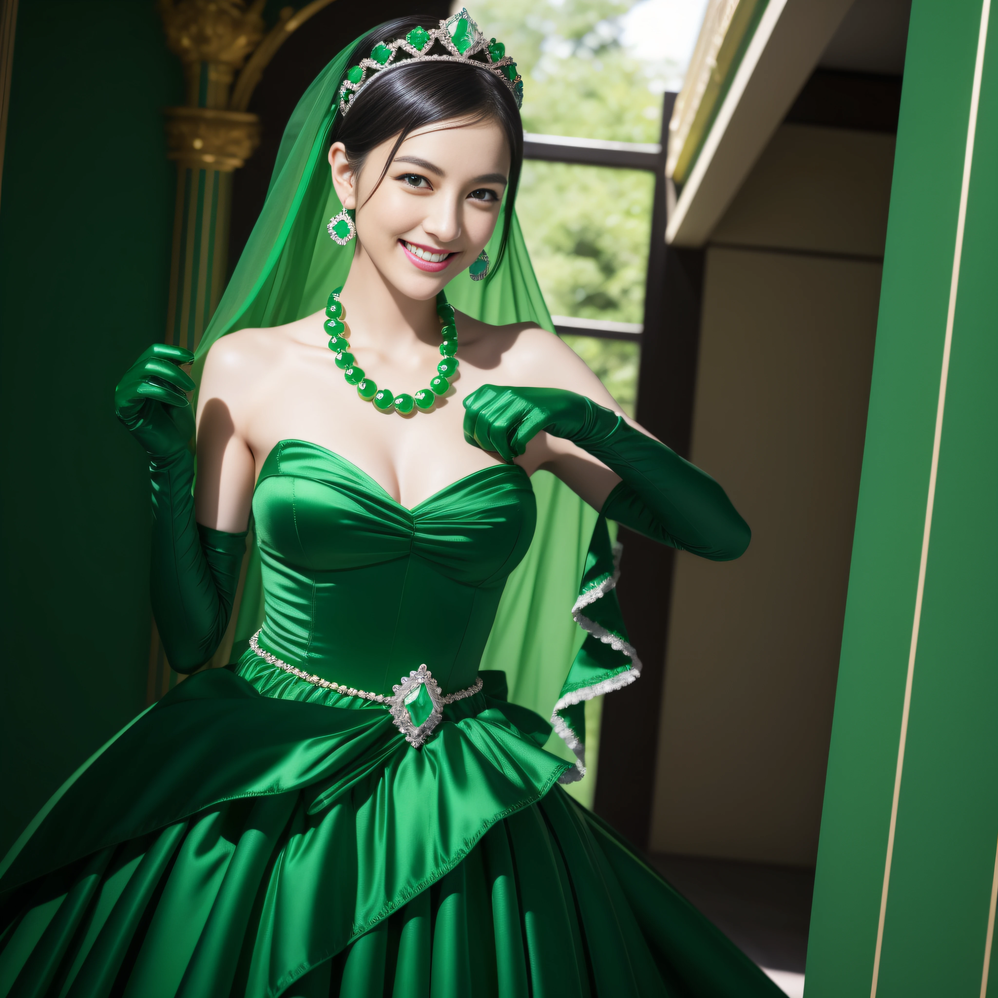 emerald tiara, Green Pearl Necklace, Boyish very short black hair, lipsticks, Japan woman smiling, very short short hair, big breasts beautiful, Green eyes, Long green gloves made of satin material, Green eyes, Emerald Earrings, Green dress