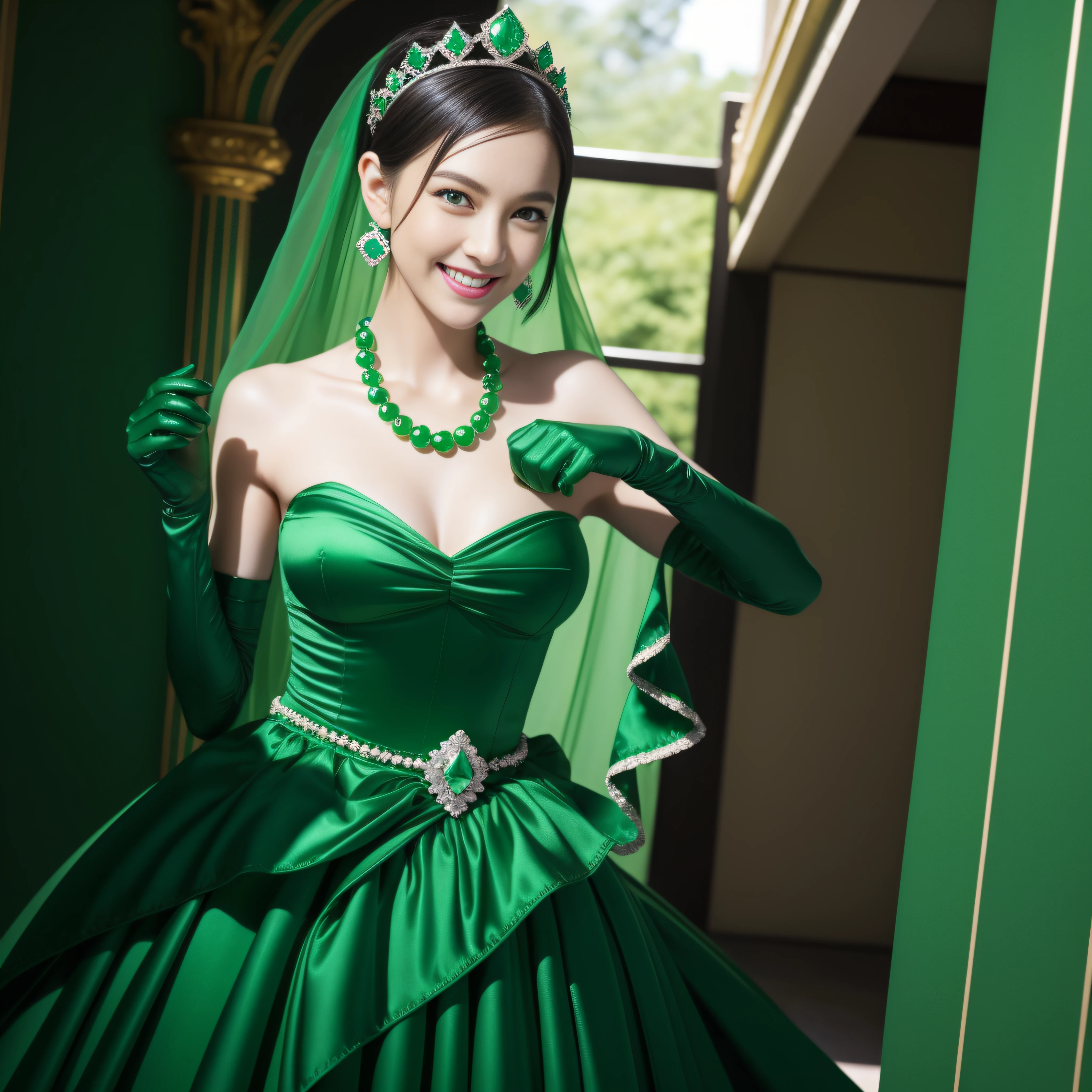 emerald tiara, Green Pearl Necklace, Boyish very short black hair, lipsticks, Japan woman smiling, very short short hair, big breasts beautiful, Green eyes, Long green gloves made of satin material, Green eyes, Emerald Earrings, Green dress
