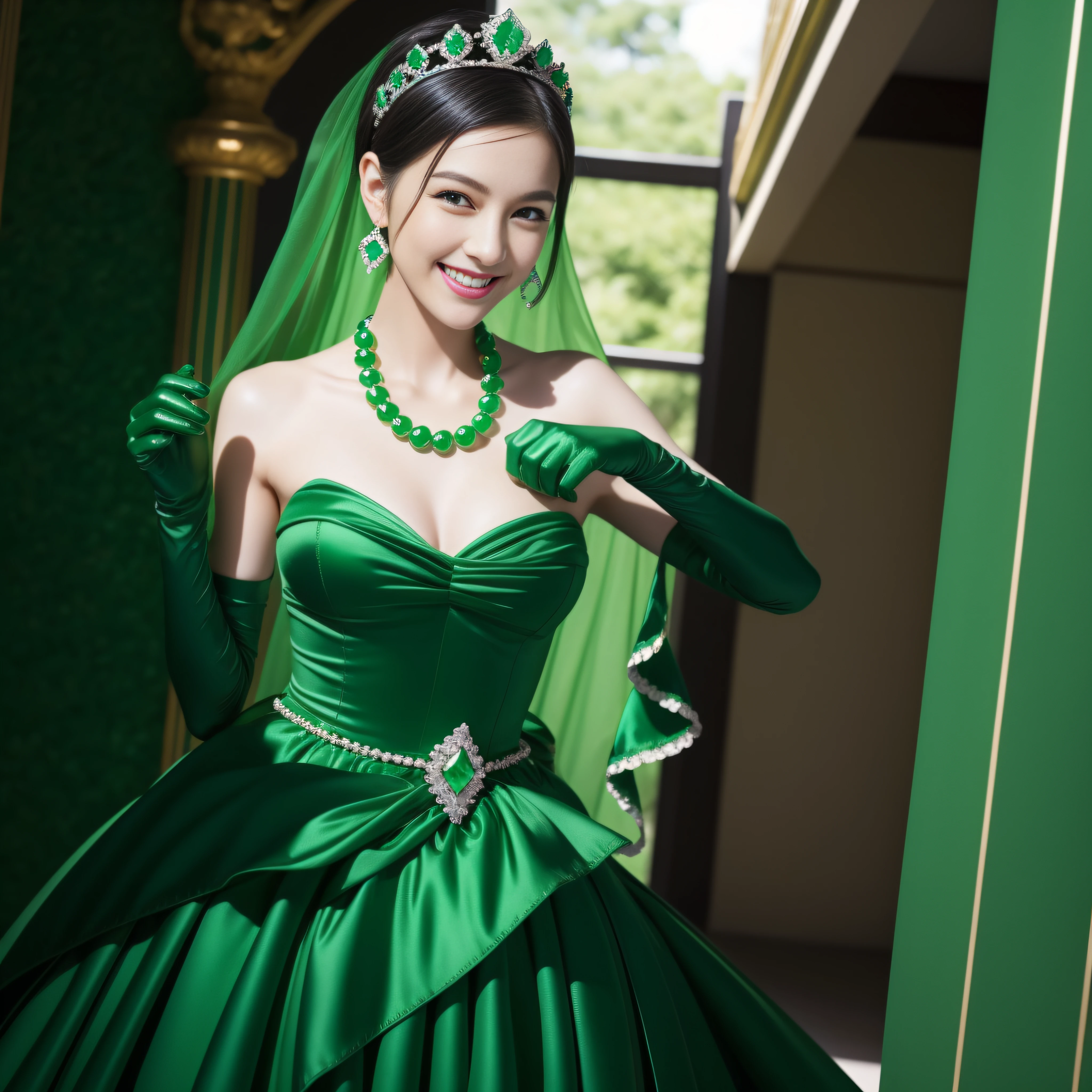 emerald tiara, Green Pearl Necklace, Boyish very short green hair, lipsticks, Japan woman smiling, very short short hair, fist, big breasts beautiful, Green eyes, Long green gloves made of satin material, Green eyes, Emerald Earrings