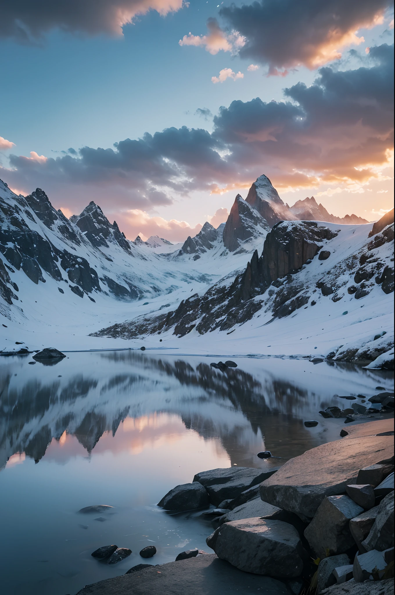 As the first light of dawn begins to break over the mountains, the landscape transforms into a breathtaking, ethereal scene. The towering peaks of these majestic mountains are bathed in soft, rosy hues as the sun peeks above the horizon, casting a warm and gentle glow upon the rugged terrain. The jagged and dramatic silhouettes of the Dolomite mountains are outlined against the gradually brightening sky, creating a stunning contrast. Wisps of low-lying morning mist linger in the valleys, giving the landscape an almost mystical quality. The snow-capped summits catch the early sunlight, glistening like diamonds in the pristine alpine air. As the sunrise progresses, the colors evolve from delicate pinks and purples to vibrant oranges and golds, illuminating the entire range with a magical radiance. The tranquility of the landscape at this moment is palpable, inviting one to pause, reflect, and soak in the serene beauty of nature at its most sublime.