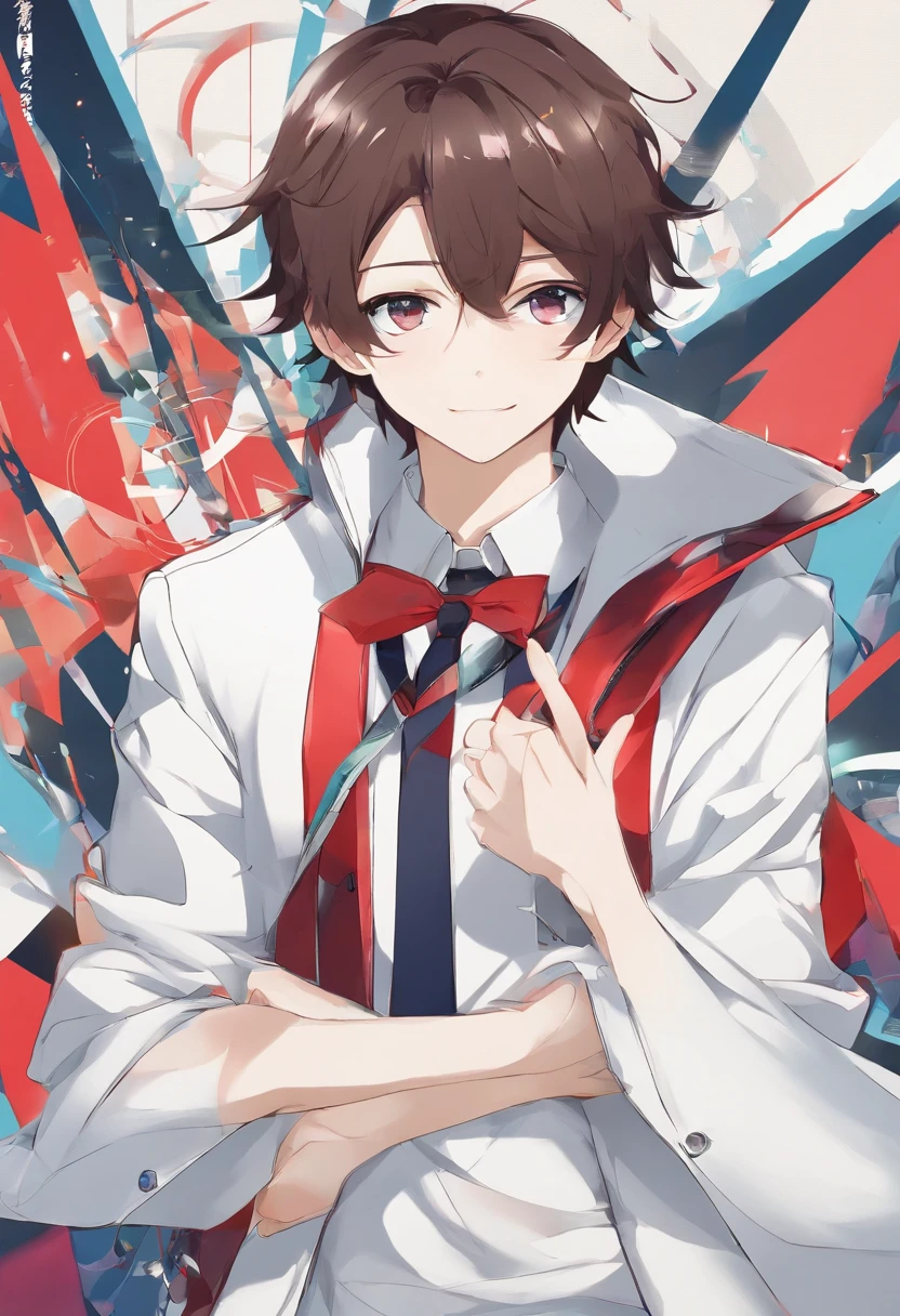 personagem menino, olhos vermelhos, cabelo multicolorido , 1boy solo, sorriso claro, olhando para o espectador, uniforme escolar, gravata, jaqueta aberta, fundo simples, foto de perfil, fundo simples, (obra-prima:1.1), (melhor qualidade:1.1), (ultra-detalhado:1.1), (插圖:1.1),