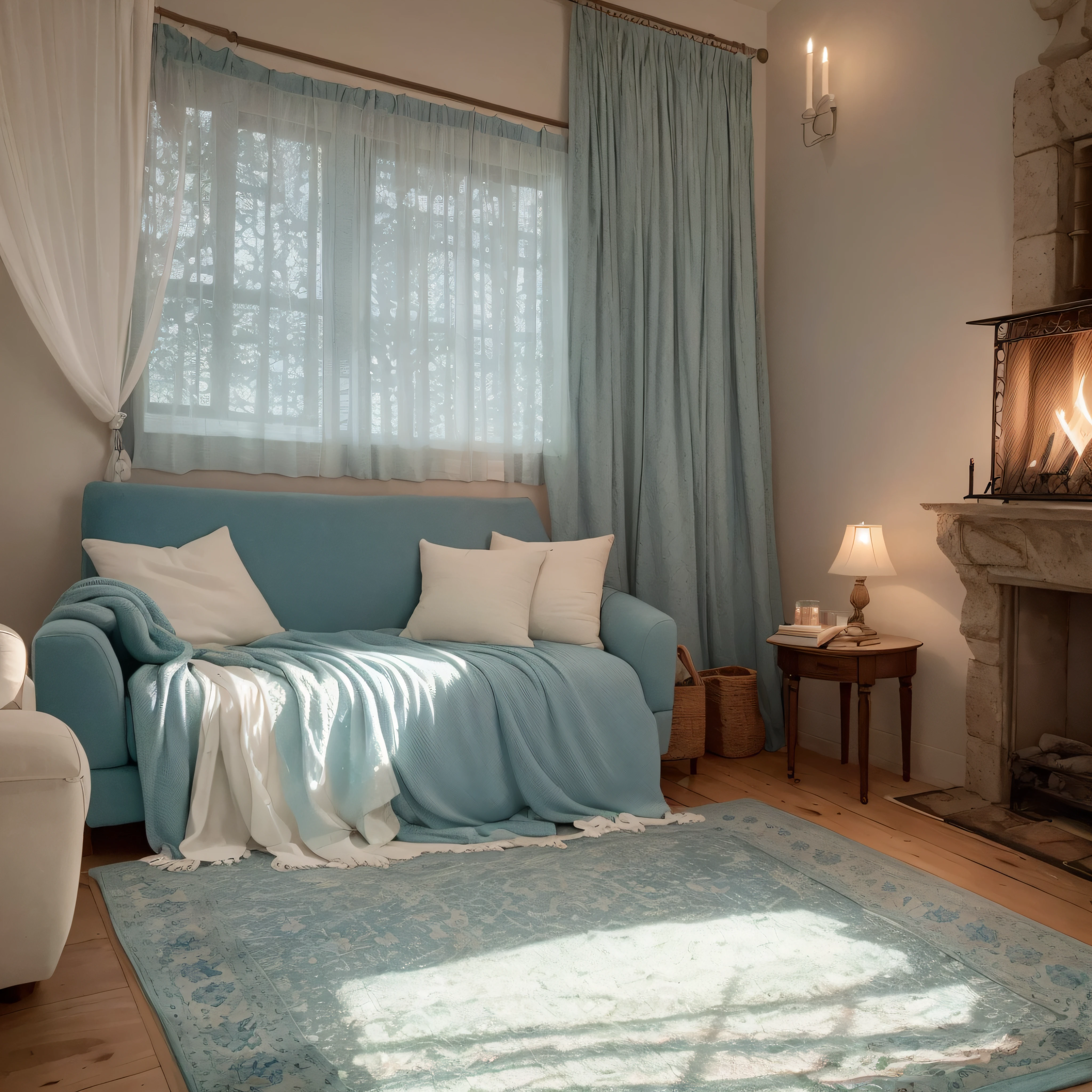 "Imagine a cosy living room during twilight. Soft blue curtains sway gently with the breeze, a plush green rug lies underfoot, and white candles flicker on a wooden table. A pronounced glow emanates from a fireplace, casting a warm light. A single character, perhaps reading a book, sits comfortably on a couch, enveloped in this serene atmosphere."