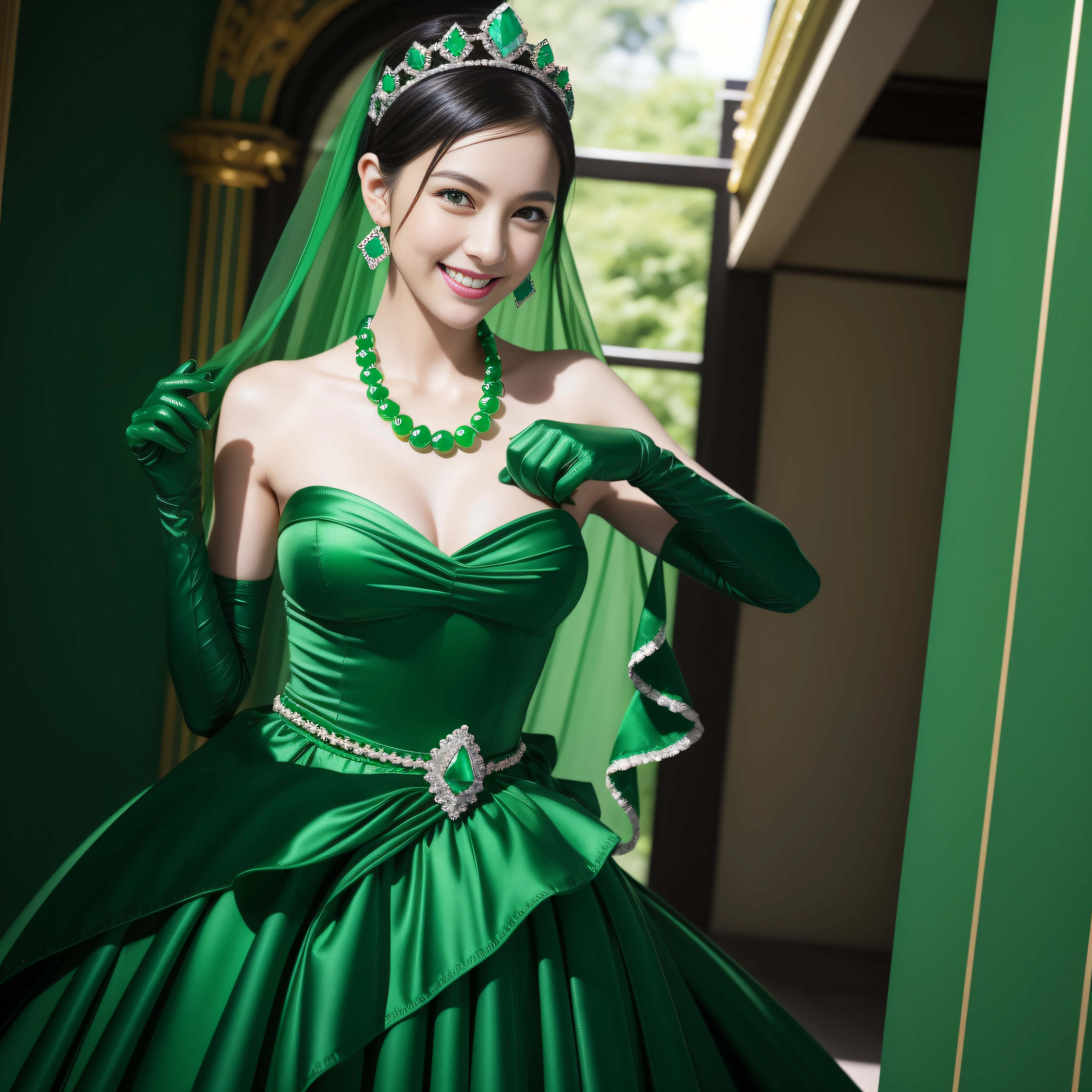emerald tiara, Green Pearl Necklace, Boyish very short black hair, lipsticks, Japan woman smiling, very short short hair, big breasts beautiful, Green eyes, Long green gloves made of satin material, Green eyes, Emerald Earrings