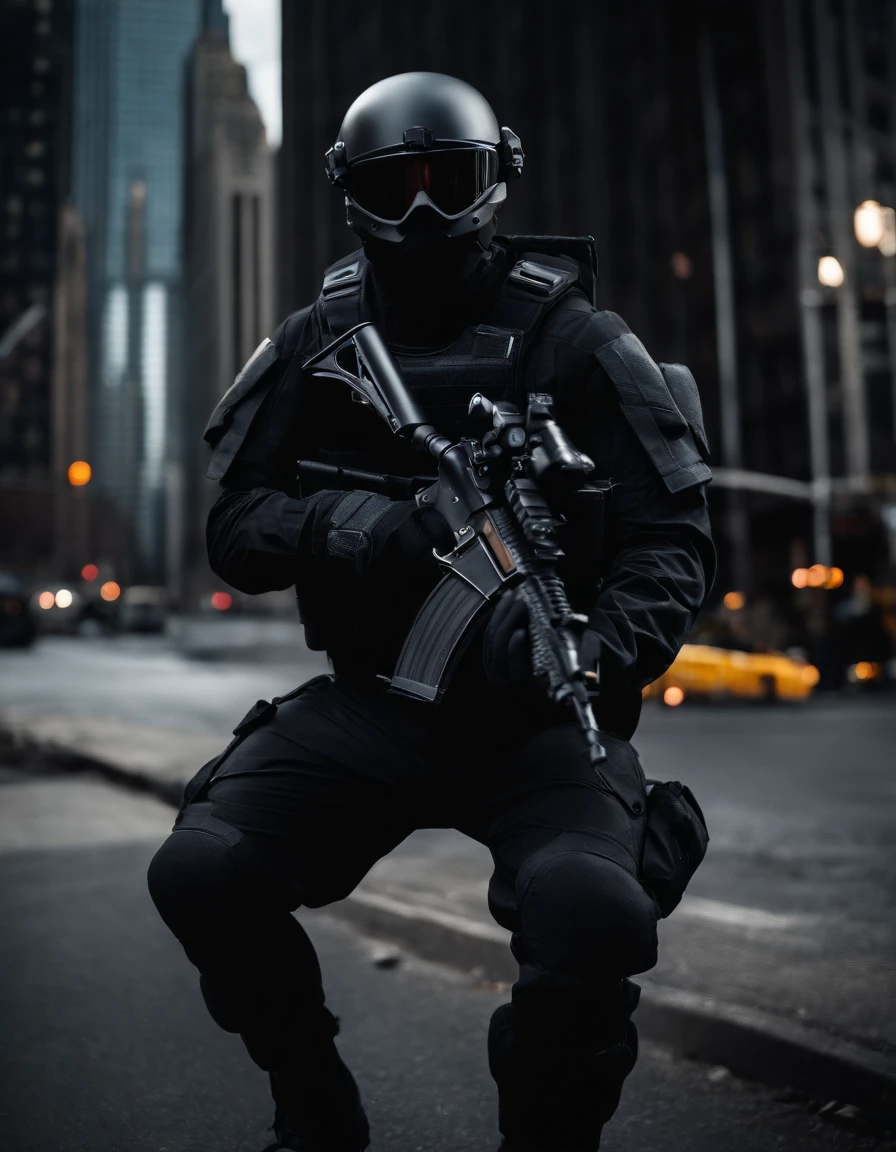 full body, no emblem, no helmet, personal, squad . Clad in a sleek black tactical uniform and donning combat gear. Wears a tactical vest adorned with ammunition and equipment pouches. He embodies the qualities of a highly trained and skilled warrior, new york city backdrop