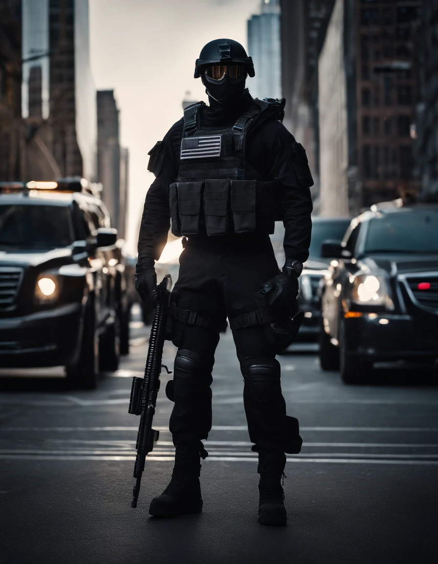full body, no emblem, no helmet, personal, squad . Clad in a sleek black tactical uniform and donning combat gear. Wears a tactical vest adorned with ammunition and equipment pouches. He embodies the qualities of a highly trained and skilled warrior, new york city backdrop