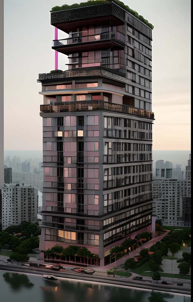 a rendering of a tall building with a balcony and a balcony, concept image, modern lush condo as shopfront, front-view, detail render, from street level, mantra rendering, mid-view, pre-rendered, perspective view, radiosity rendering, rendering of checkmate, frontview, office building, concept drawing, view from ground level, bw 3 d render