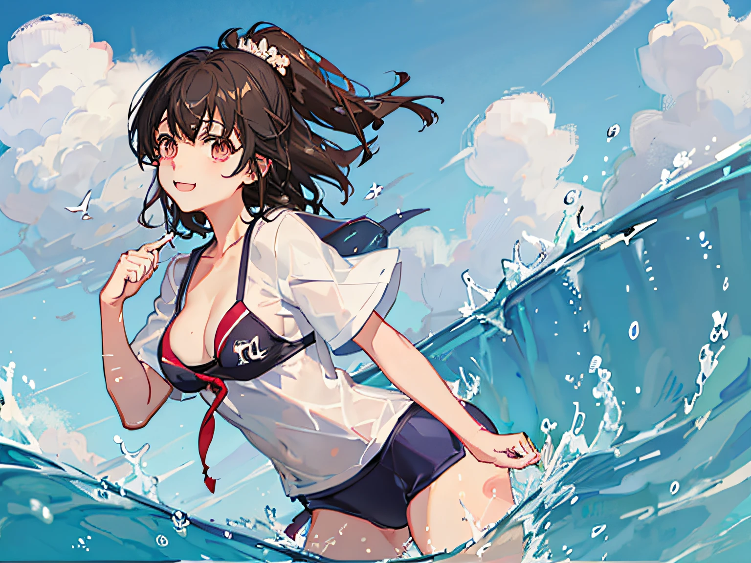 cute little、akagi miria、(School swim wear:1.3)、cleavage of the breast、Teleface、cowboy shot、perspiring、resort hotel