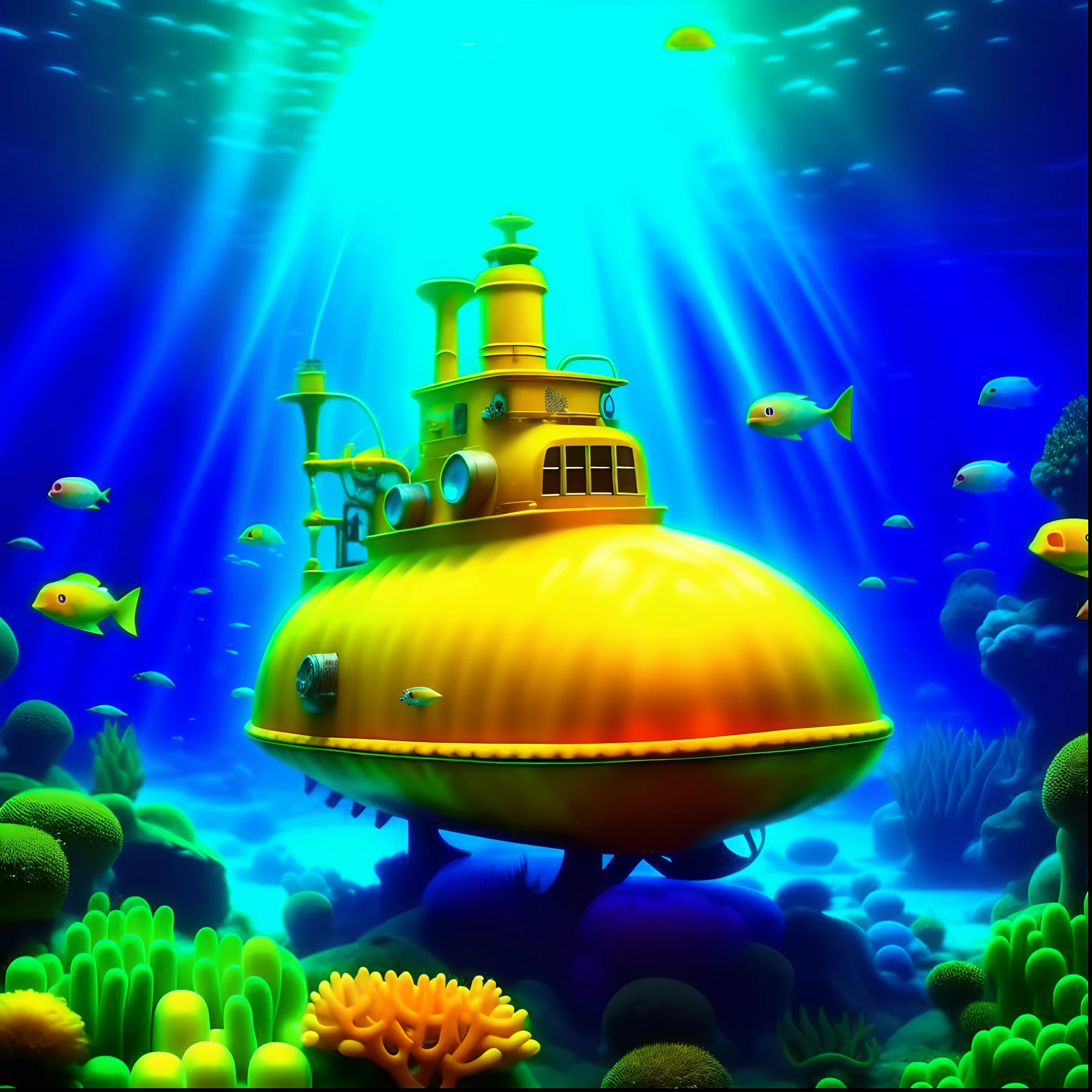 a yellow submarine at the bottom of the sea,rusty metal,seaweed on the submarine,detailed waves crashing against the submarine,deep-sea creatures swimming around the submarine,beautiful vibrant colors,underwater sunlight creating a mystical atmosphere,lens flares enhancing the underwater effect,highly detailed textures,photorealistic rendering,subtle blue and green color tones,vivid and saturated colors,dreamlike lighting.