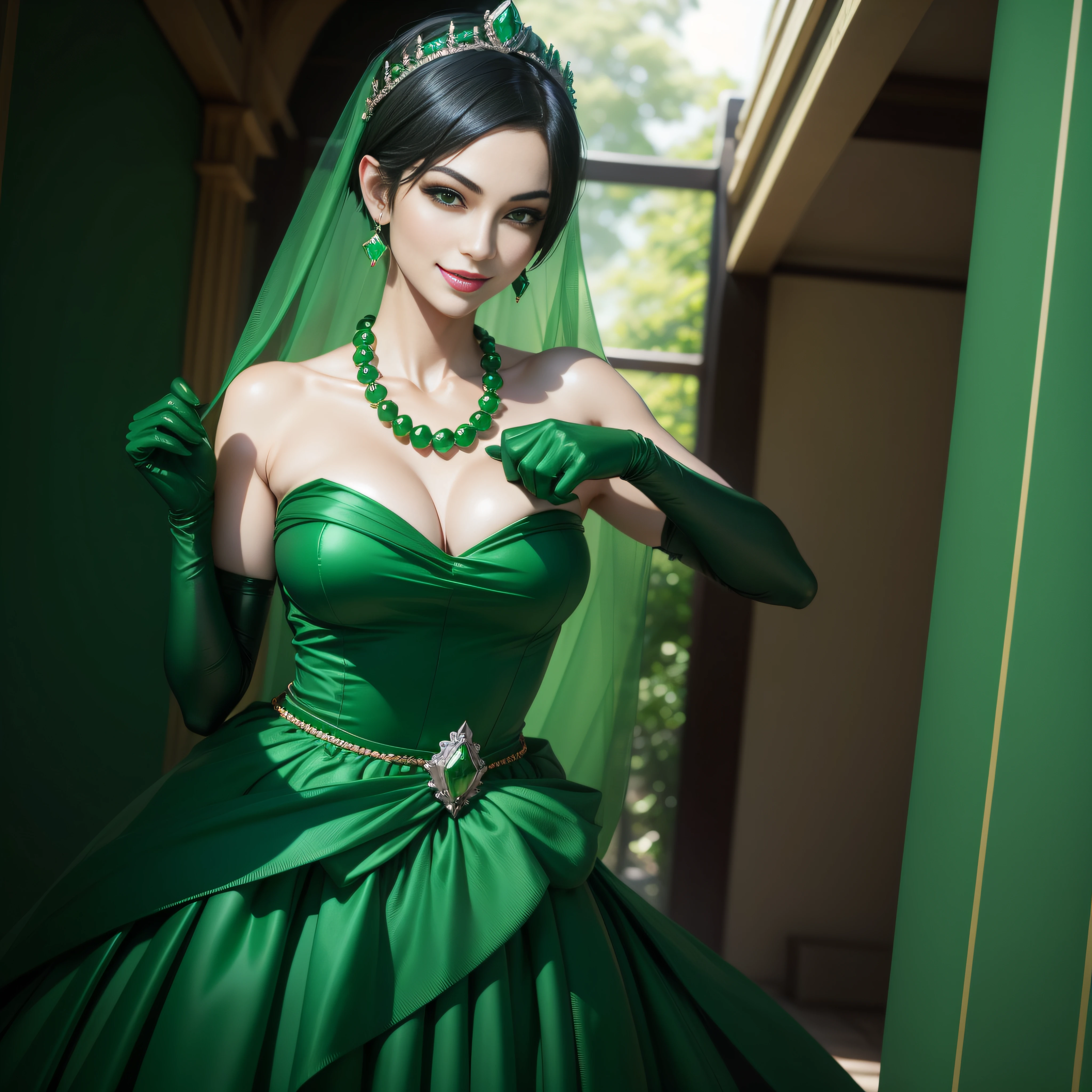 emerald tiara, Green Pearl Necklace, Boyish very short green hair, lipsticks, Japan woman smiling, very short short hair, fist, big breasts beautiful, Green eyes, Long green gloves made of satin material, Green eyes, Emerald Earrings