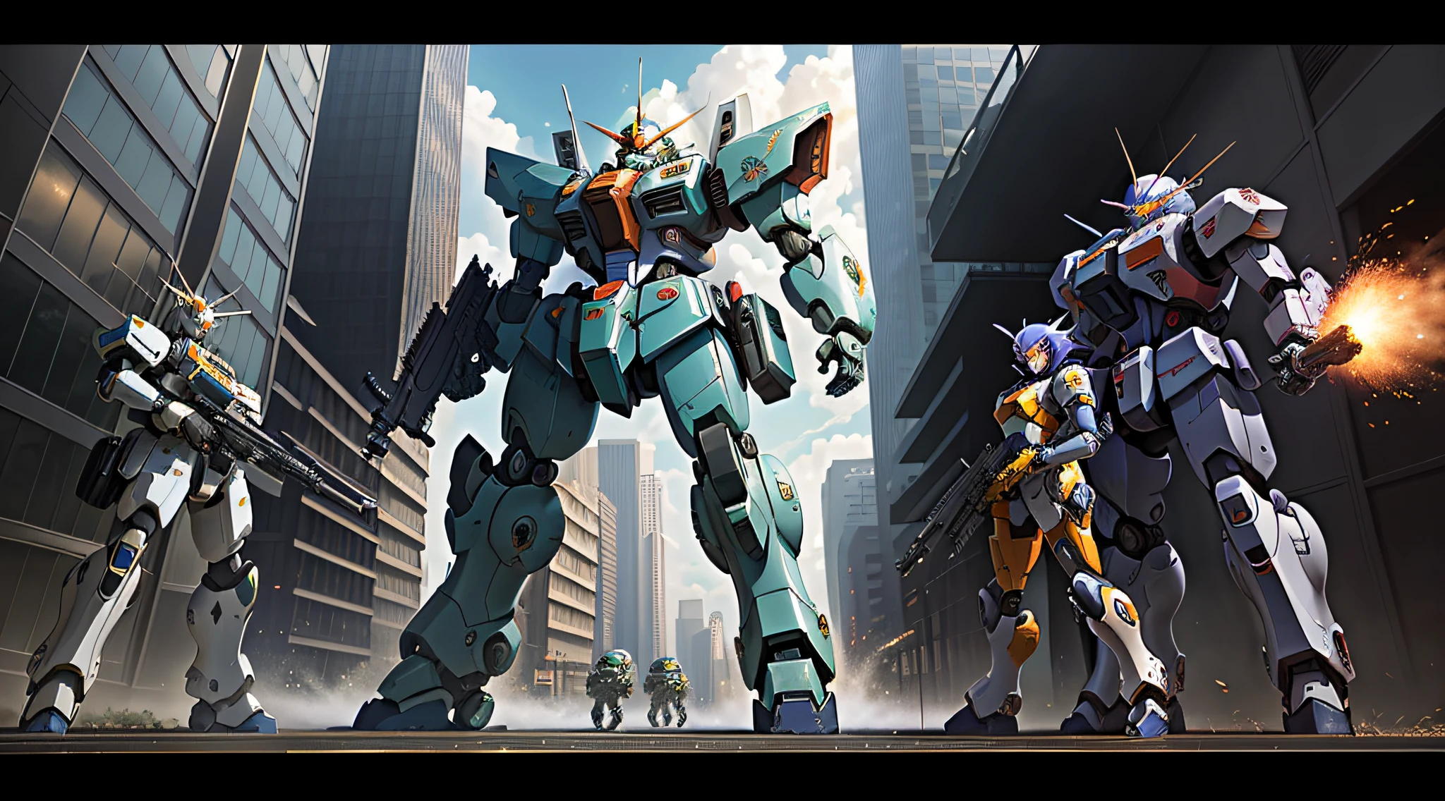 Artwork in anime style,Two robots holding guns in the city, Mobile Suit, modern mecha anime, Best anime 4k konachan wallpaper, gouf mobile suit, soldiers and mech fight, cool mecha style, Badass anime 8 K, mech machines firing bullets, war mechs fighting, anime mecha aesthetic, year 3 0 0 0, year 3000 --auto