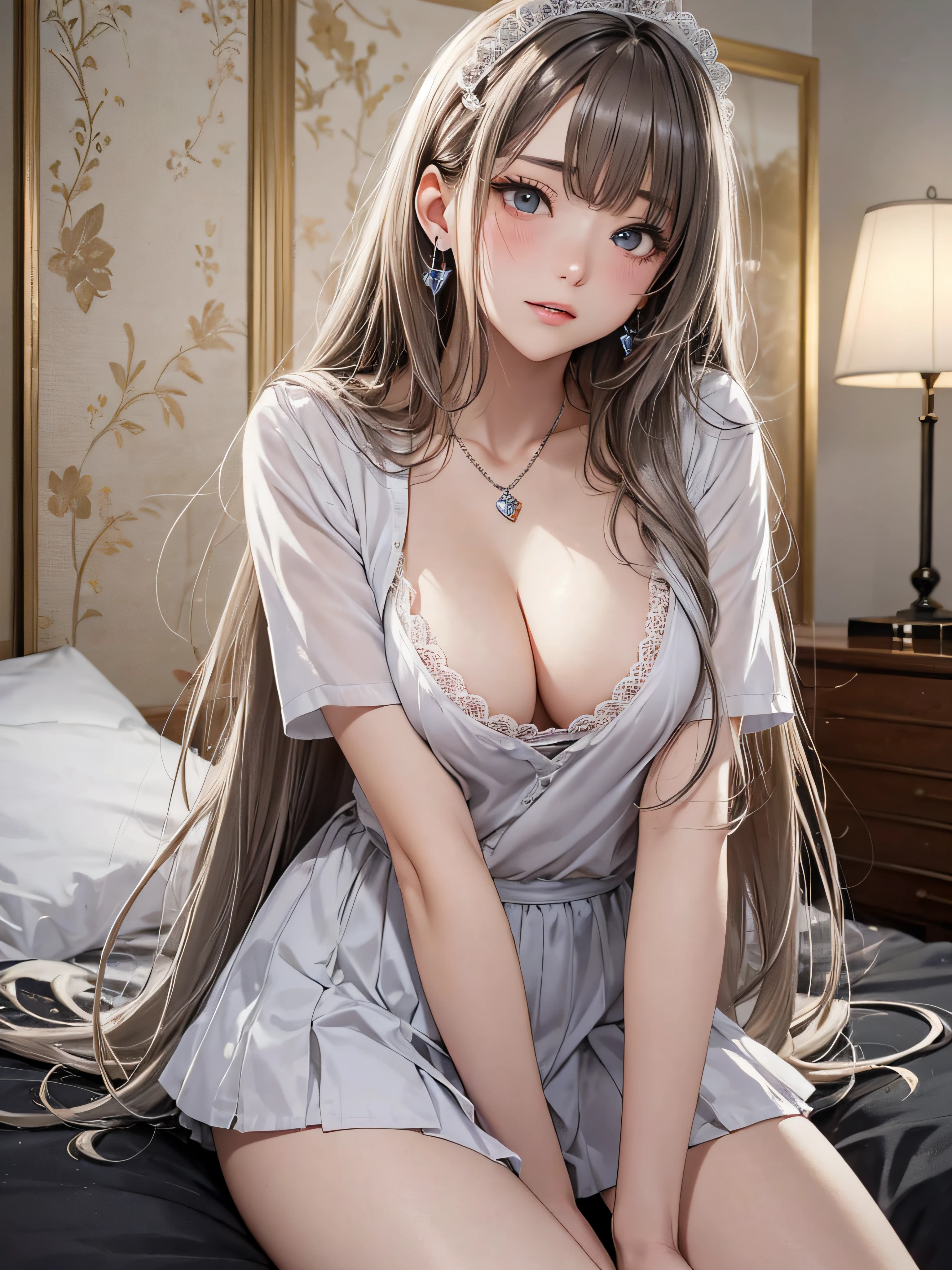 photorealisim、top-quality、超A high resolution、a picture、Exquisitely beautiful photos of Scandinavian-born women、Extraordinary beauty、perfectbody、Biologically accurate、Highlights of cheek luster、Detailed cute and beautiful face、(pureerosface_v1:0.008)、Beautiful bangs、Glowing white shiny skin、Bangs between the eyes、shiny and beautiful hair、Silky hair、finer hair、High-definition eyes、Beautiful, Bright and clear, Big eyes shine charmingly、eye liner、Double eyelids、Full body like、dismay、red blush、embarrassed from、glares、 shiny little necklace and earrings, shiny lips: 1.4,  humiliated、impatience、dismay、（Frightened:1.8）、glares、Soft breasts、cleavage of the breast、hiding chest with hands、hide crotch with hands、lift up one's skirt、red blush、embarrassed from、I see underwear、Open knees、open one's legs、Masturbation behavior、Disheveled clothes、Dressing、White blouses、Stockings、Wearing sweat、Neat and clean woman,25 years old, 1 persons、（maid clothes:1.8）、large full breasts、sexual excitement、Masturbation behavior、a large amount of white mucus all over the body,,,,,,,、Wavy Hair, bangs flowing diagonally, a blond、White-silver hair、Brown hair、Medium Hair, Blue-gray eyes、 In the hotel in the middle of the night, Sit on the bed、