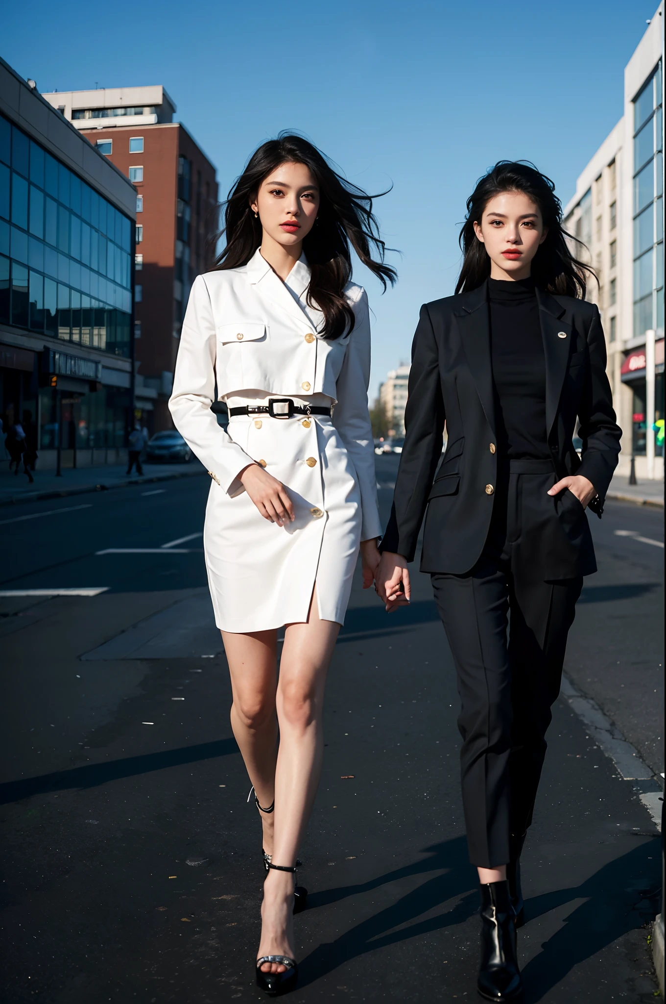 (Best quality,4K,8K,A high resolution,Masterpiece:1.2),Ultra-detailed,(Realistic,Photorealistic,photo-realistic:1.37),2 women have a large height gap,High and short, mature, wearing boots, Full body shot, Different clothes,illustration,Realistic lighting and shadows,Vivid colors,Sharp focus,expressive poses,Long hair,Beautiful eyes,Stylish outfits,Fashionab,urban backdrop,A confident expression,The attention to detail,High contrast,sophisticated color palette,eye-catching composition,Stylized characters,ellegance,modern,High fashion atmosphere