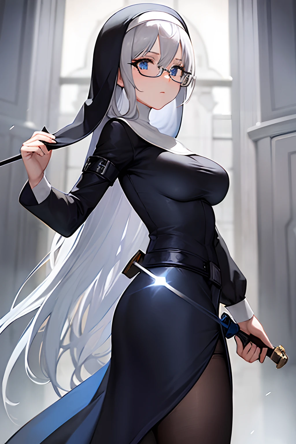 a girl with blue eyes dressed as nun carrying a sword in her hands, 1girl, solo, breasts, blue eyes, holding, glasses, dress, knife, long sleeves, looking at viewer, black dress, hair between eyes, long hair, nun, bangs, cross, closed mouth, holding knife