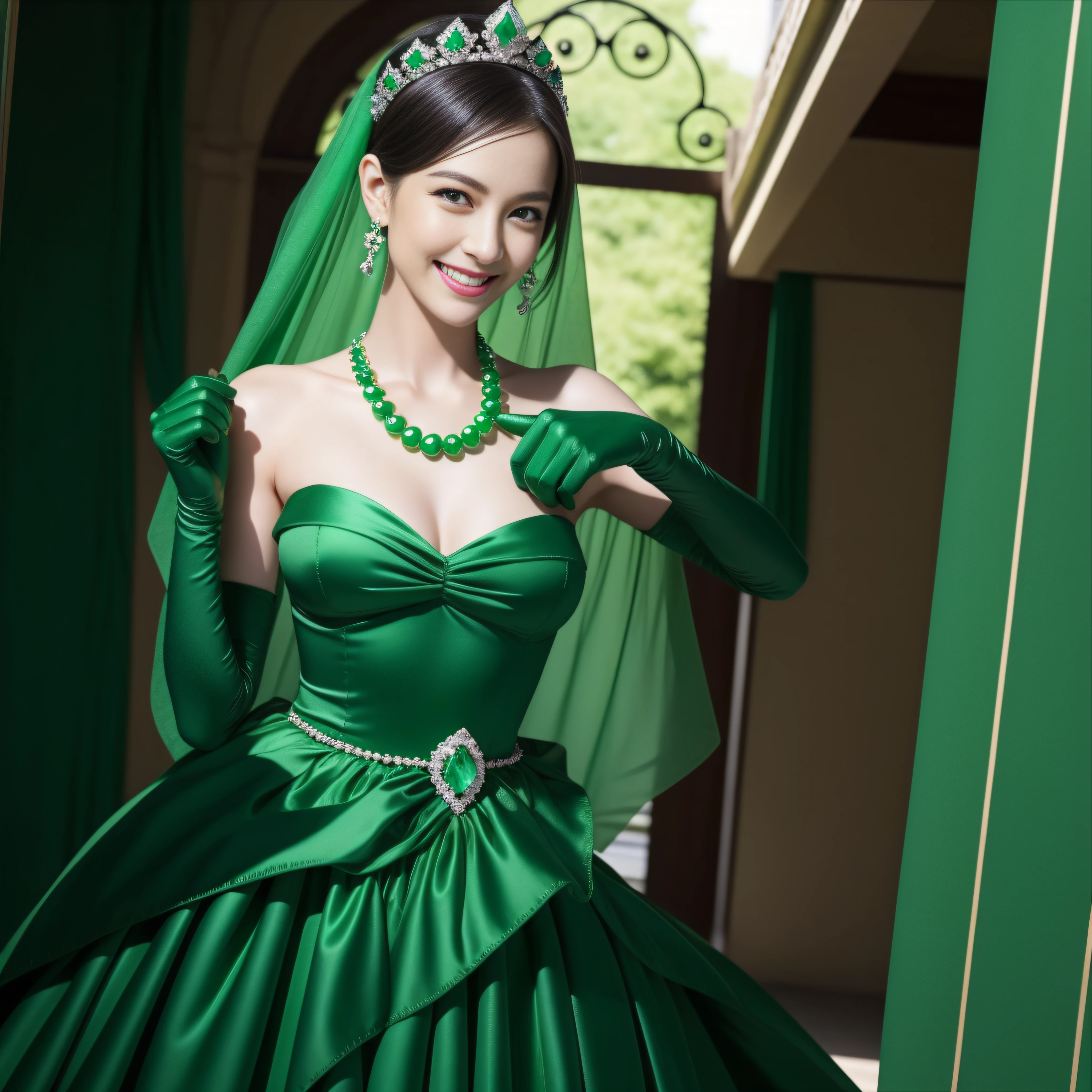 emerald tiara, Green Pearl Necklace, Boyish very short black hair, lipsticks, Japan woman smiling, very short short hair, big breasts beautiful, Green eyes, Long green gloves made of satin material, Green eyes, Emerald Earrings, Green dress